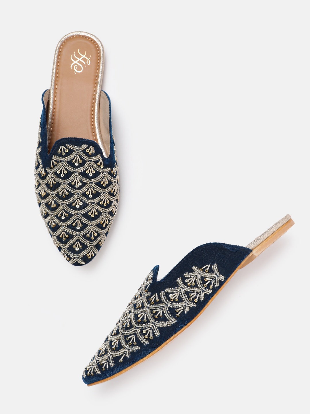 

House of Pataudi Ethnic Embellished Mules, Navy blue