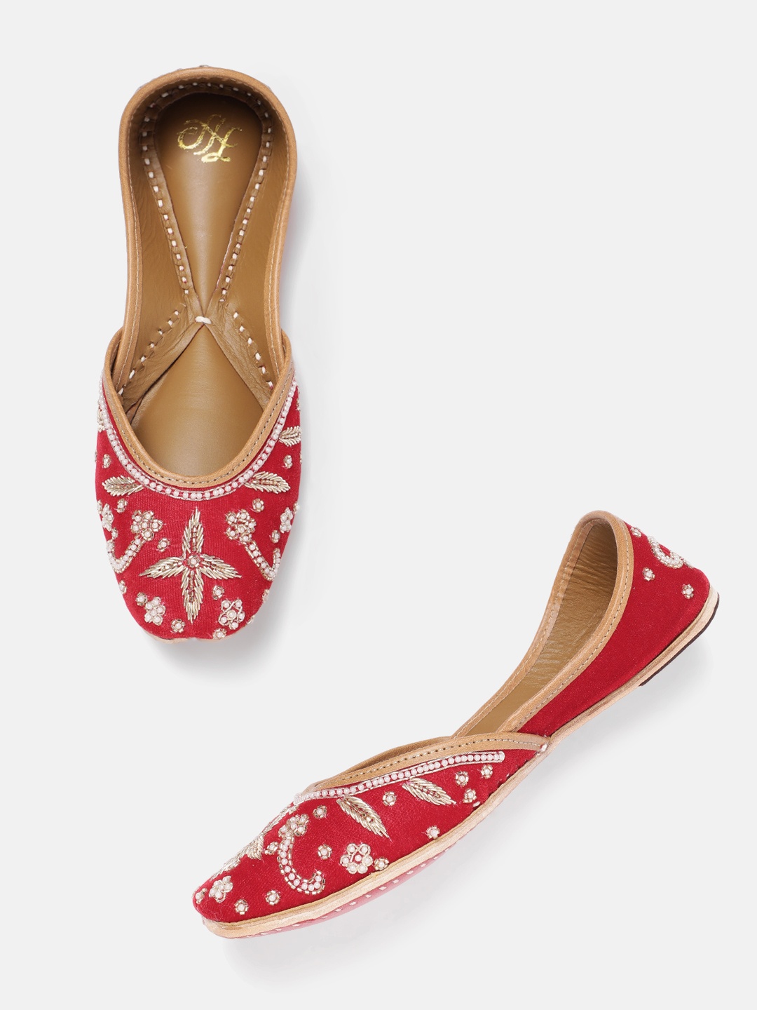 

House of Pataudi Floral Embellished Mojaris, Red