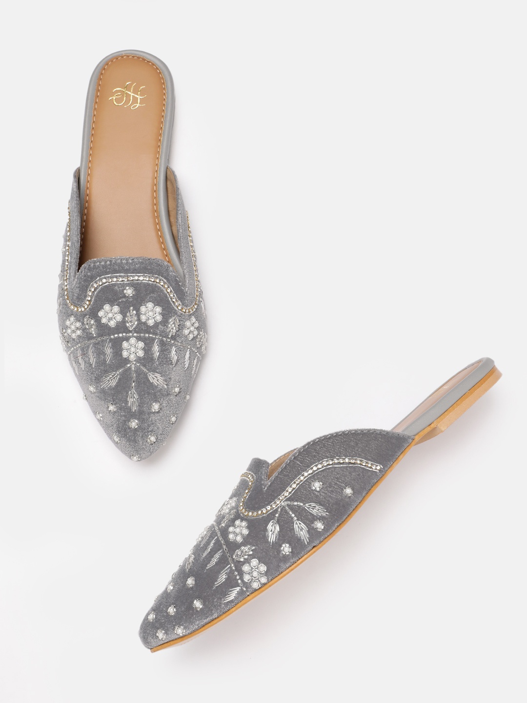 

House of Pataudi Women Ethnic Embellished Mules, Grey