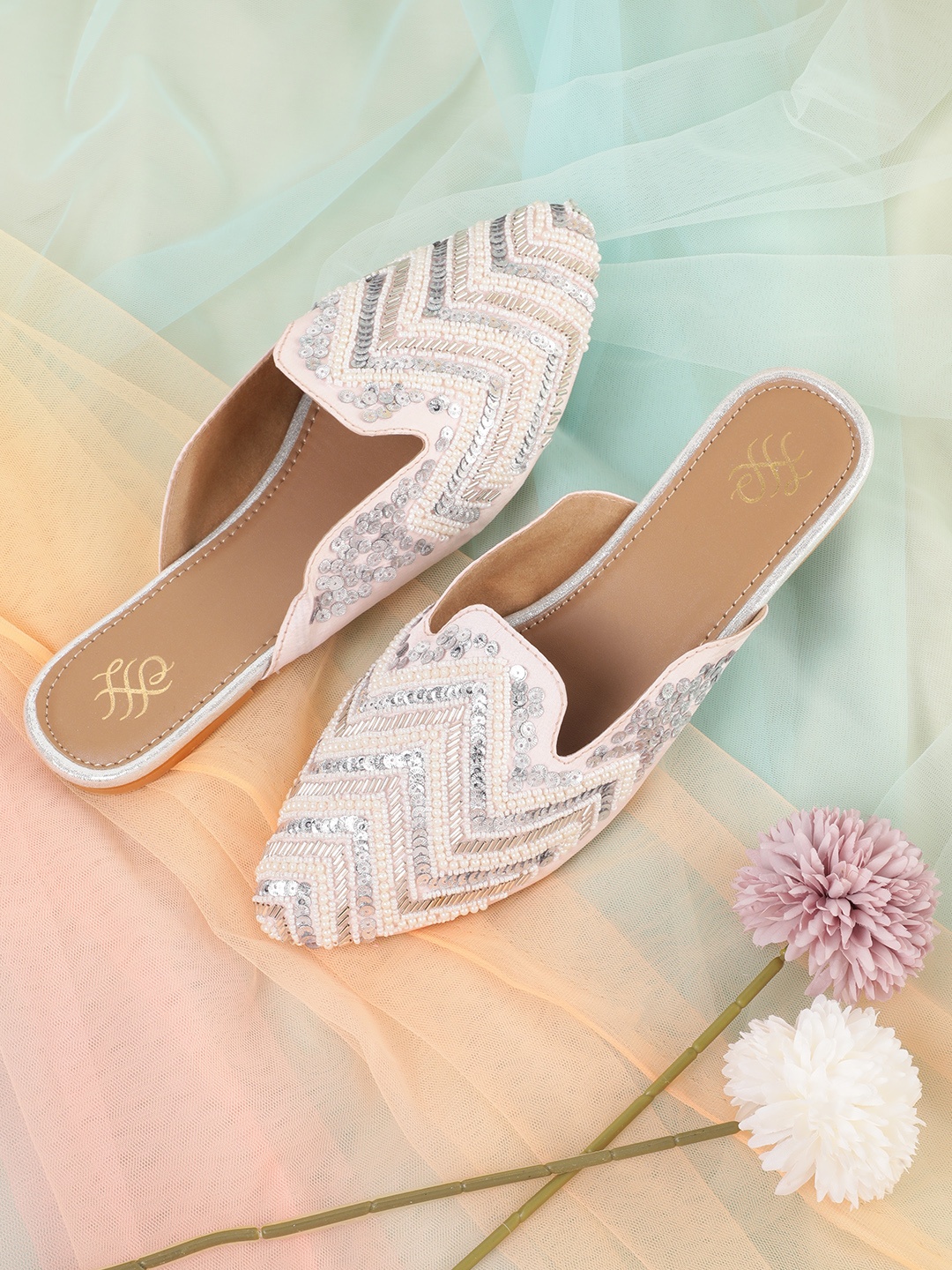 

House of Pataudi Beads Embroidered Ethnic Mules, Beige
