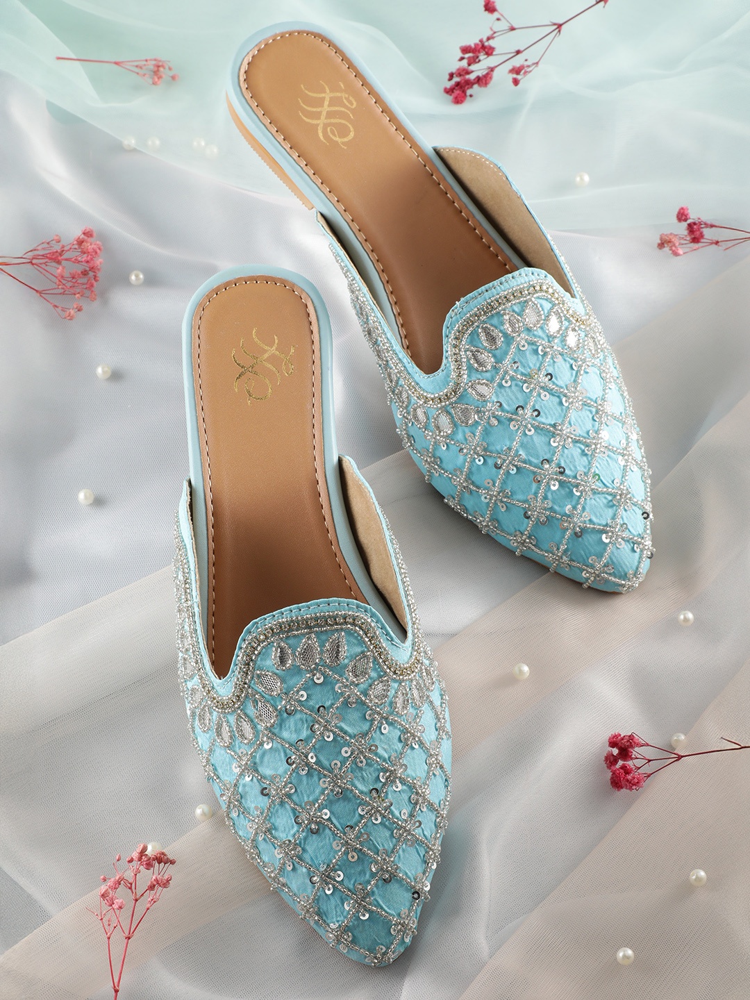 

House of Pataudi Leather Embellished Ethnic Mules, Blue