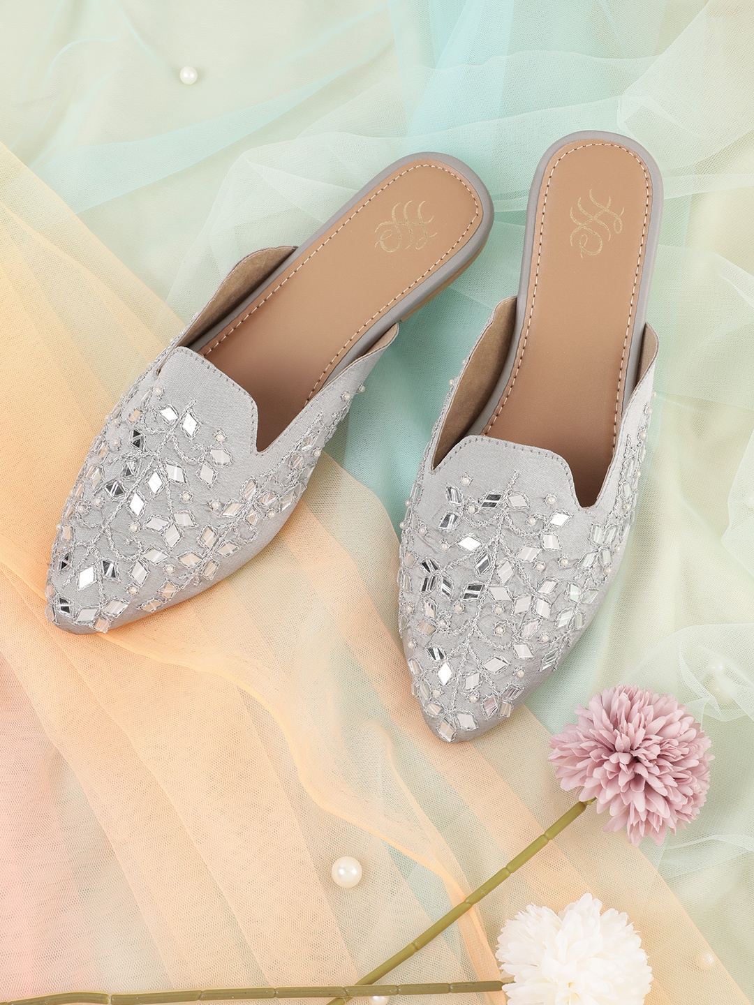 

House of Pataudi Women Ethnic Embellished Mules, Grey