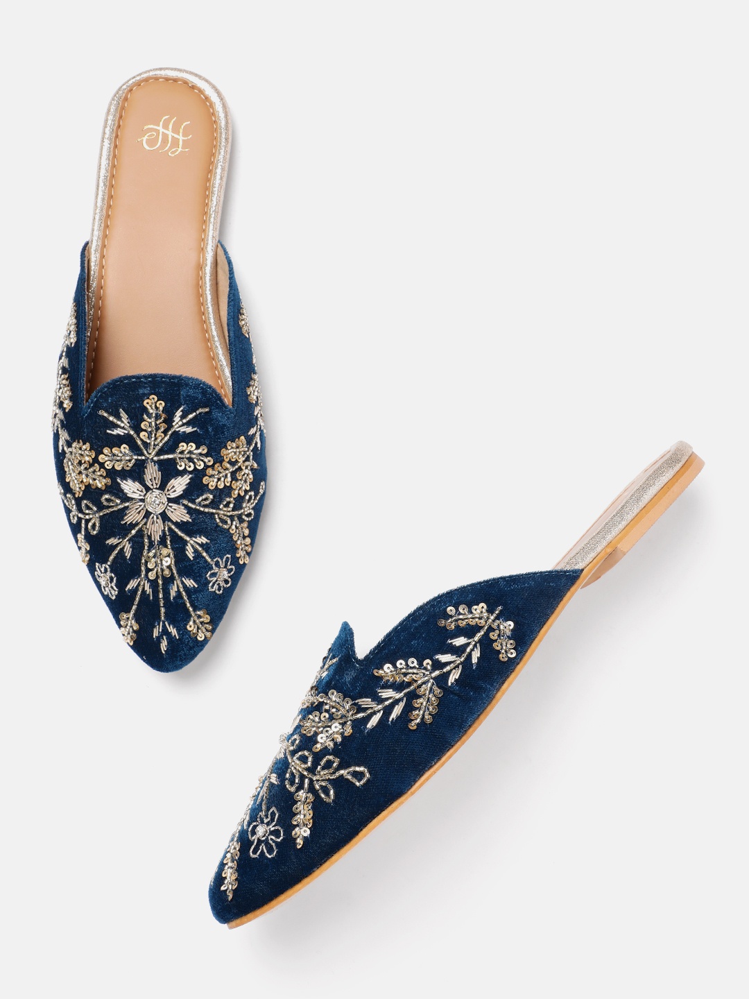 

House of Pataudi Women Embellished Ethnic Mules, Navy blue