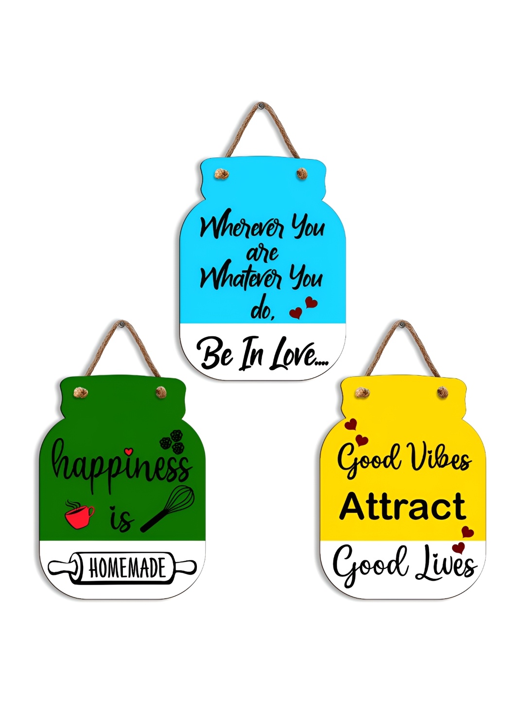 

SEHAZ ARTWORKS Green & Yellow 3 Pieces Printed Wooden Wall Hanging