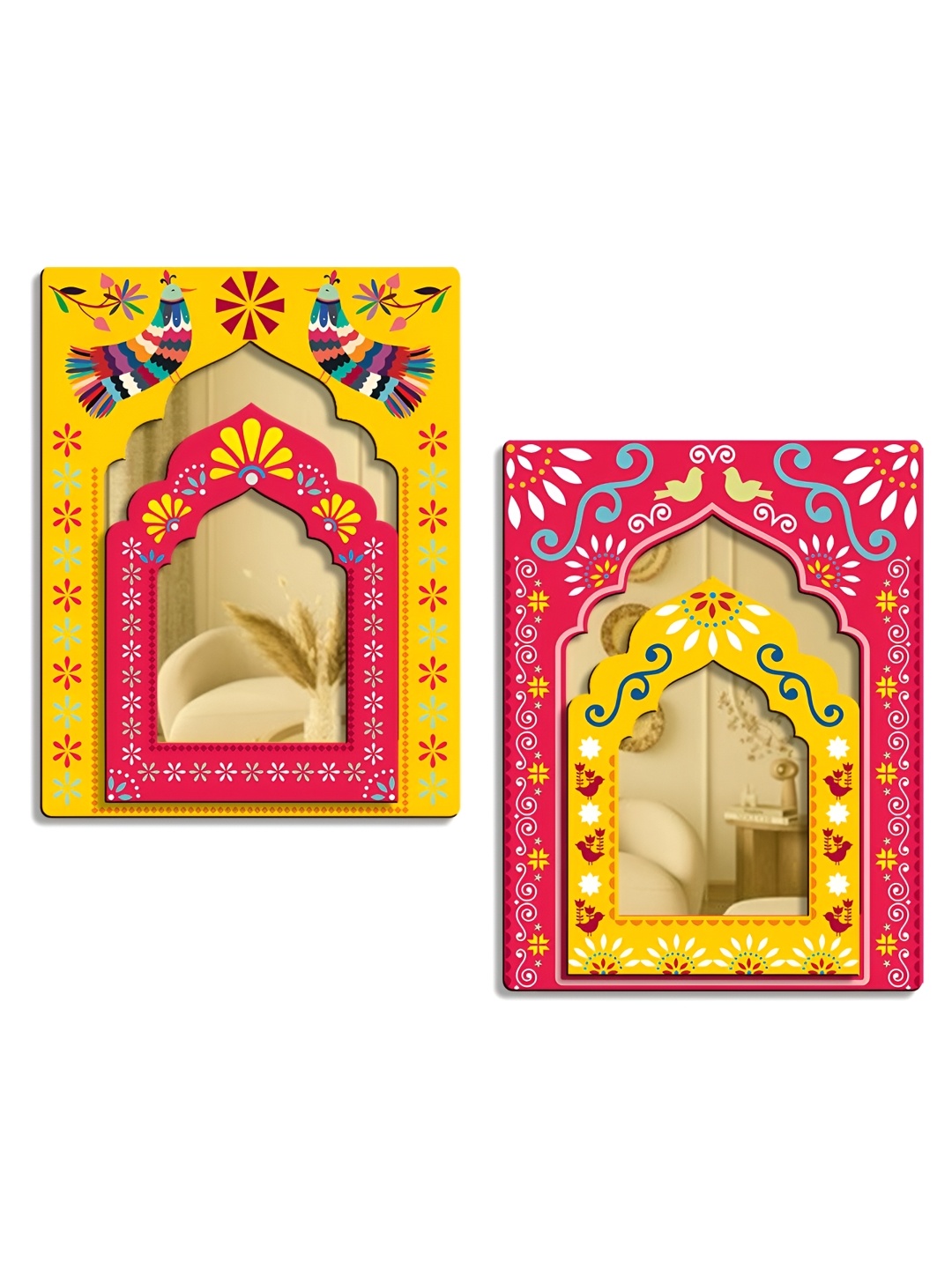 

SEHAZ ARTWORKS Yellow & Pink 2 Pieces Jharokha Printed Wooden Wall Hangings