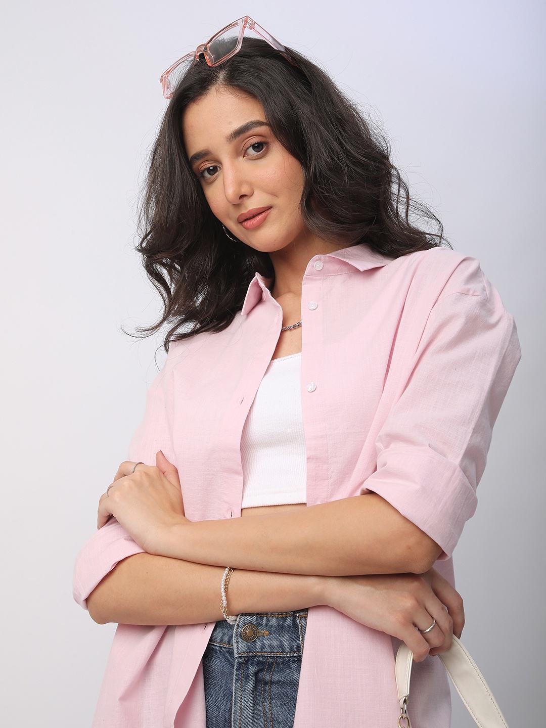 

VASTRADO Women Classic Spread Collar Solid Cotton Oversized Casual Shirt, Pink