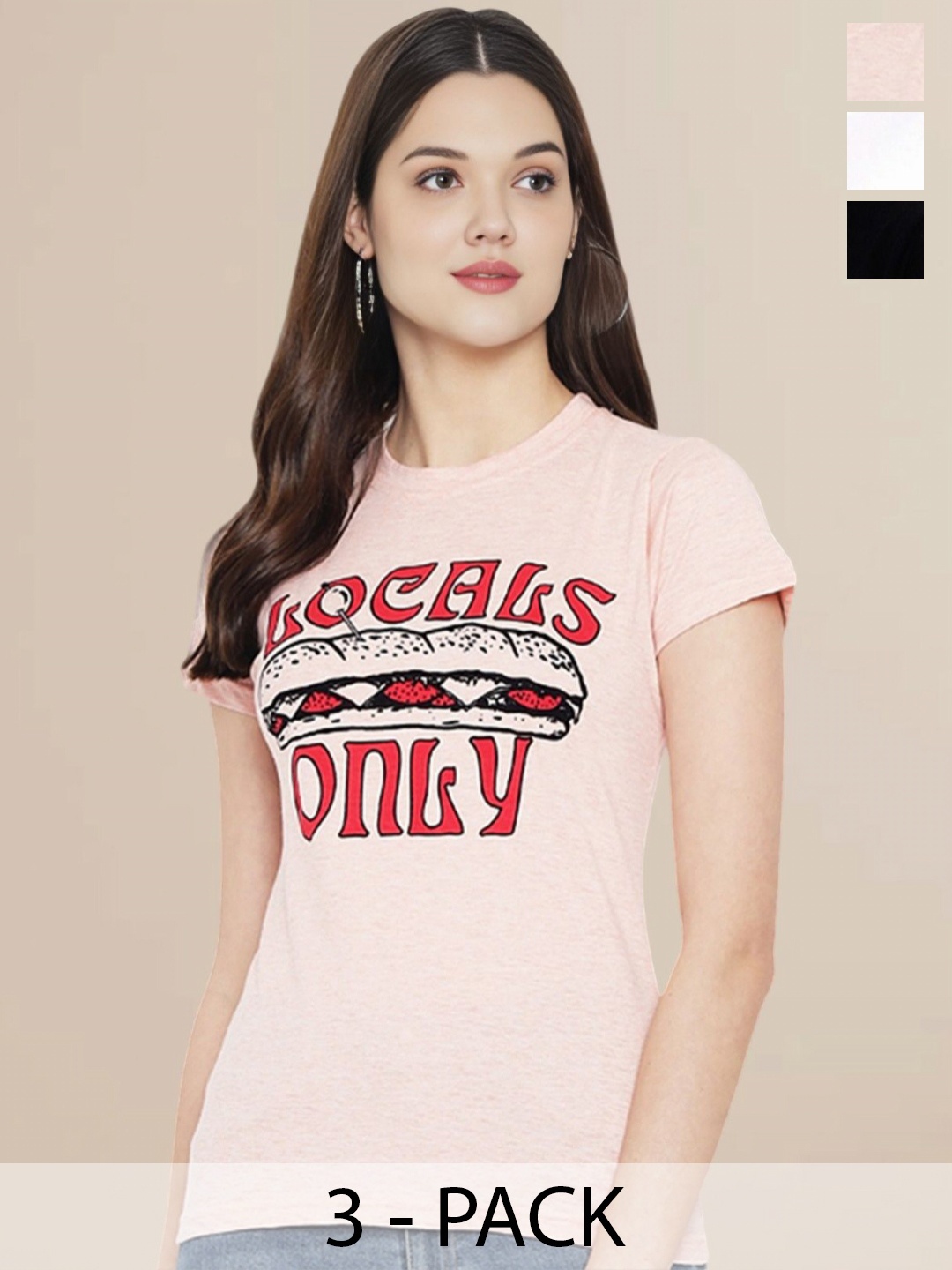 

Metronaut Women Pack Of 3 Typography Printed Round Neck Cotton Donald Duck T-shirts, Peach
