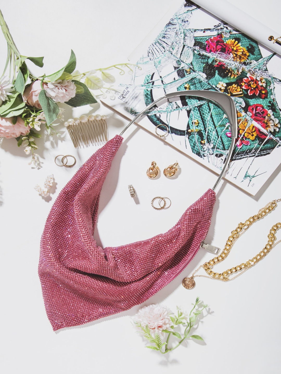 

AlorBags Celestial Chic Embellished Half Moon Clutch, Pink