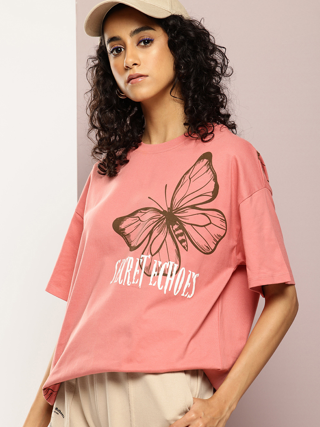 

Kook N Keech Printed Drop-Shoulder Sleeves Oversized T-shirt, Pink