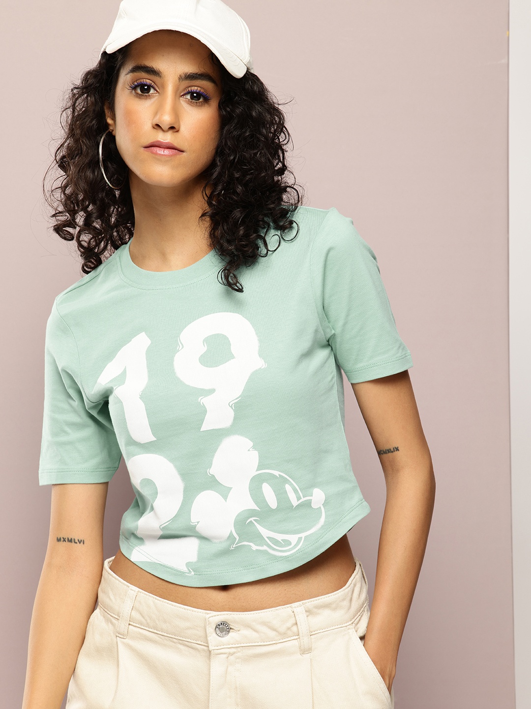 Kook N Keech Disney Mickey Mouse Printed Crop T-shirt, Sea green