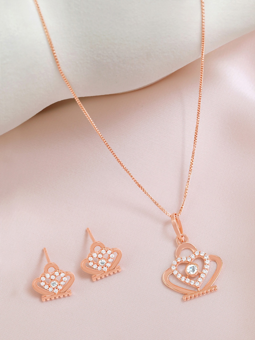 

Zavya 925 Pure Silver Rose Gold Plated CZ Studded Pendant and Earrings