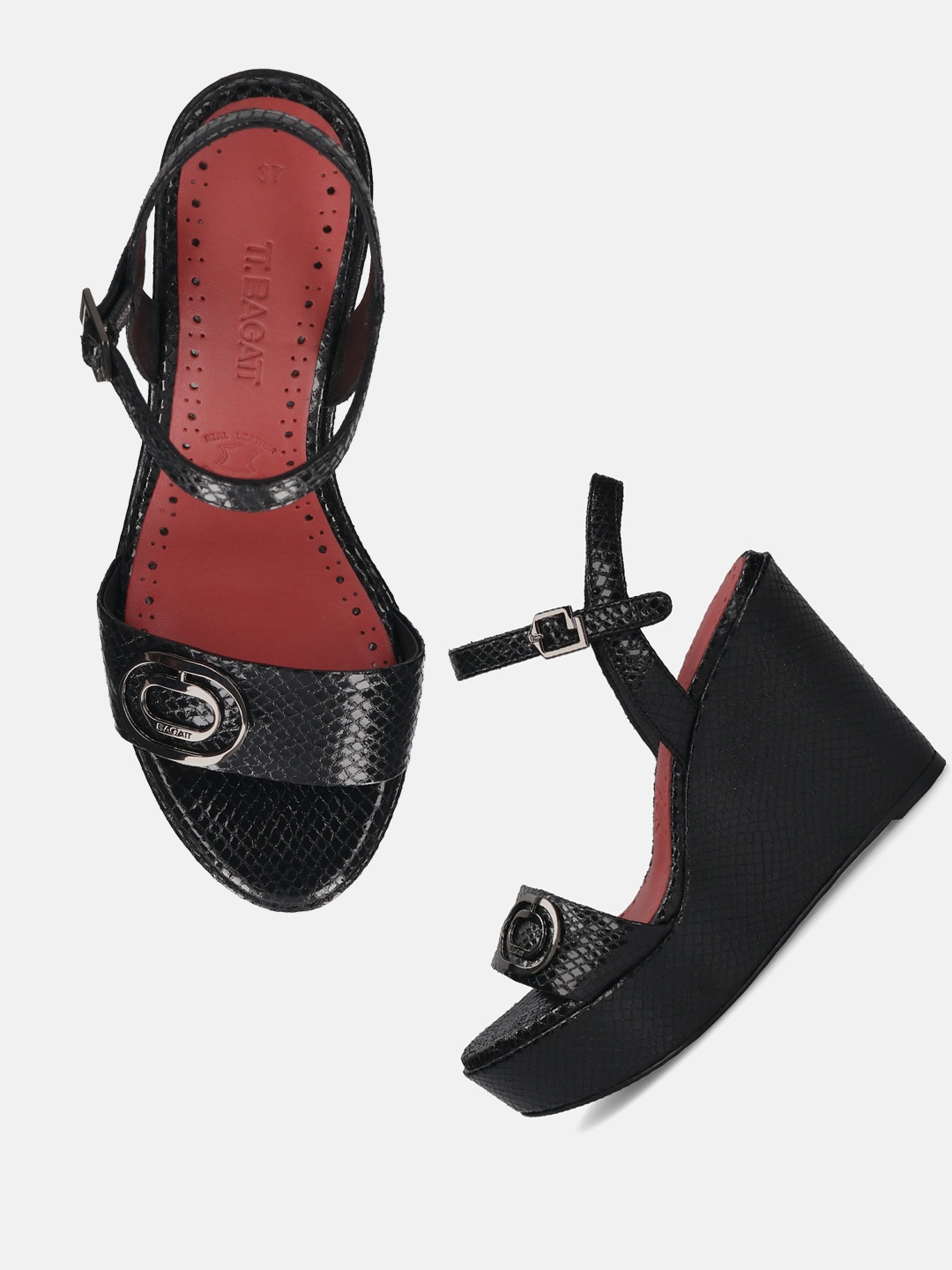 

BAGATT Women Leather Wedge Sandals Open Toe Backstrap with Buckles, Black