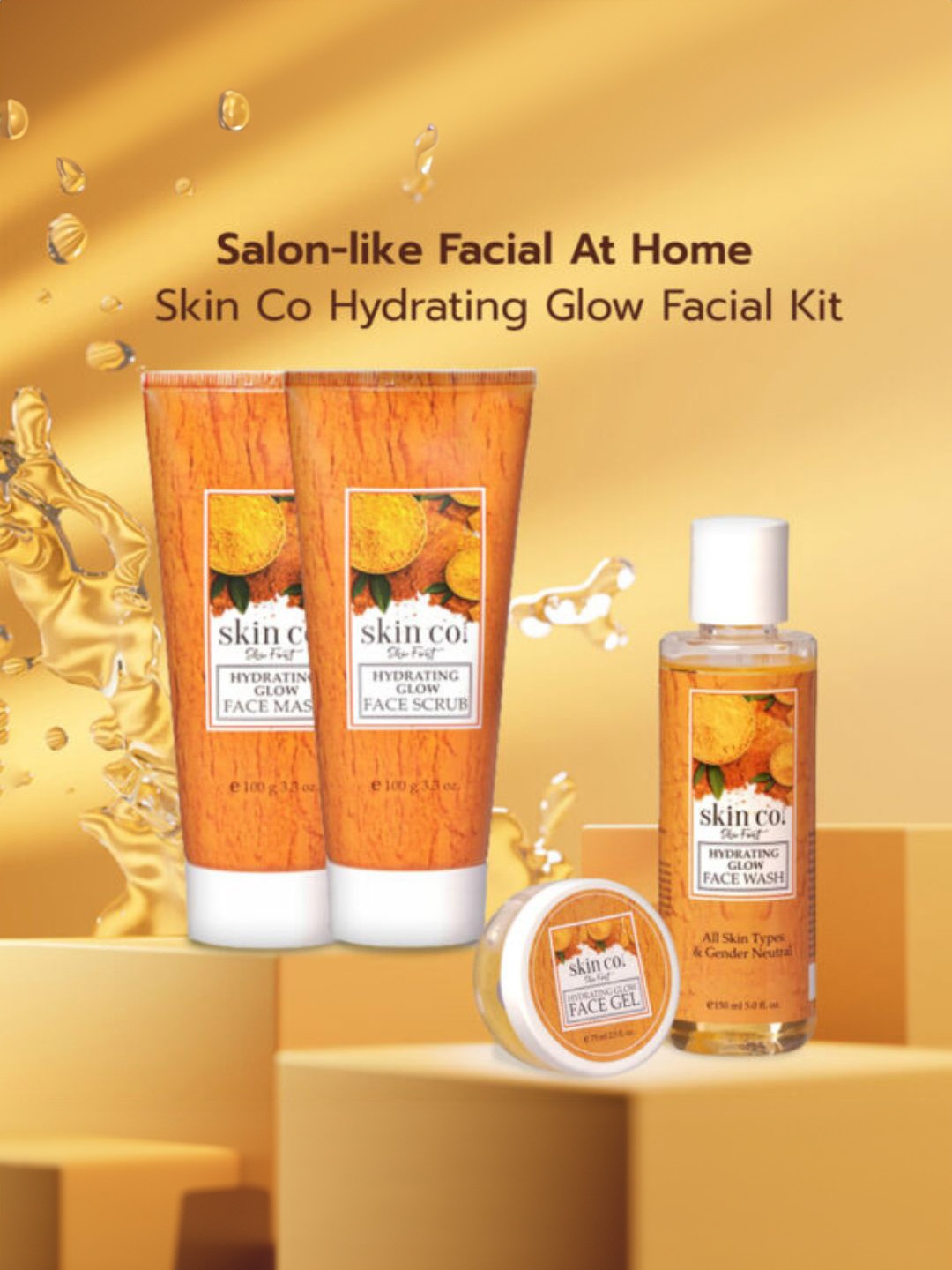 

skin co.4Pcs Hydrating Glow Facial Kit- Face Gel-75 ml, Face Wash - 150 ml, & Scrub 100 ml, Orange