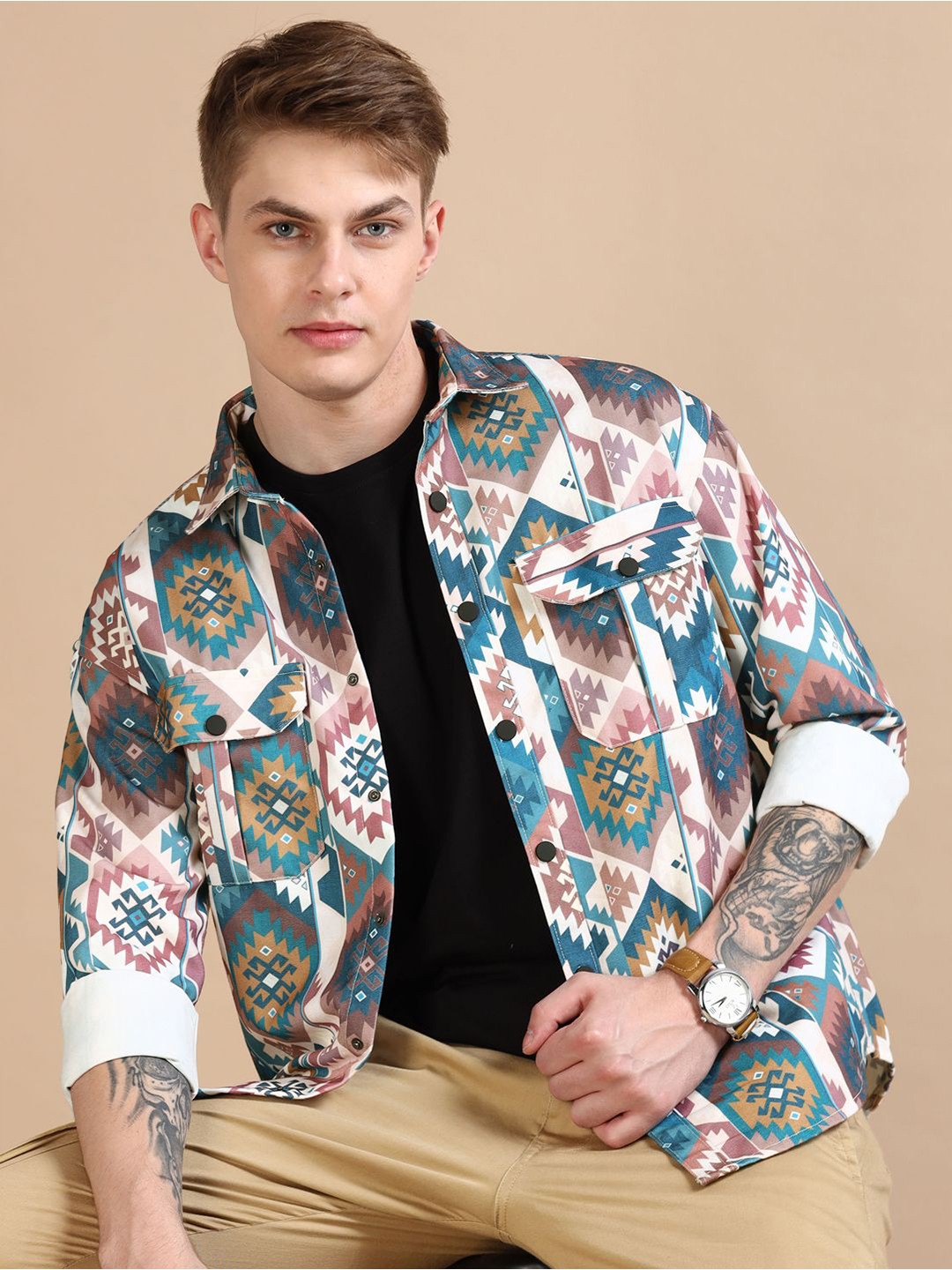 

Bushirt Men Relaxed Geometric Printed Relaxed Fit Casual Shacket, Teal