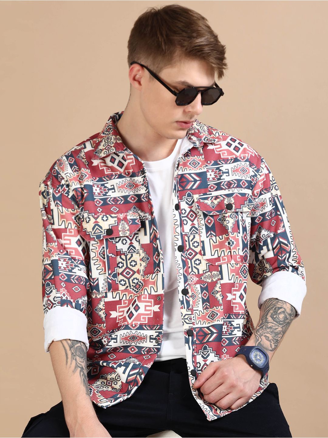 

Bushirt Men Relaxed Geometric Printed Relaxed Fit Casual Shacket, Mauve