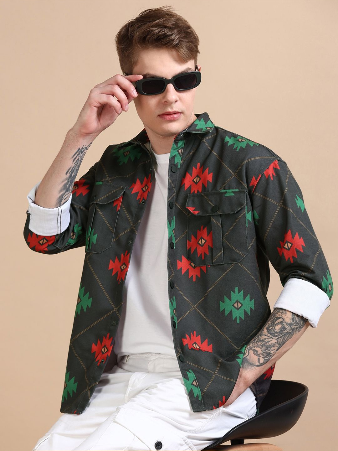 

Bushirt Men Relaxed Geometric Printed Relaxed Fit Casual Shacket, Olive
