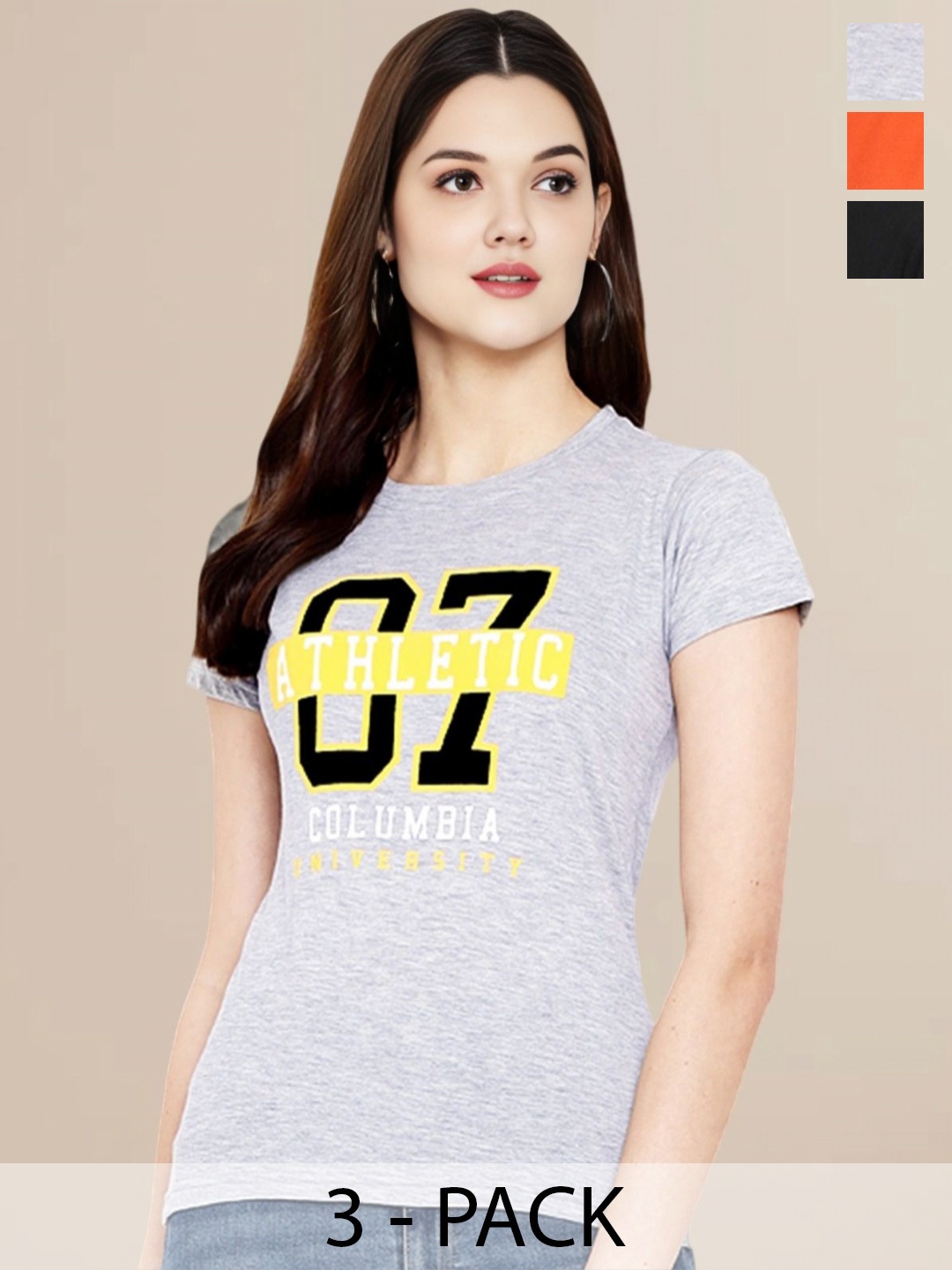 

Metronaut Women Pack Of 3 Typography Printed Round Neck Cotton T-shirts, Orange