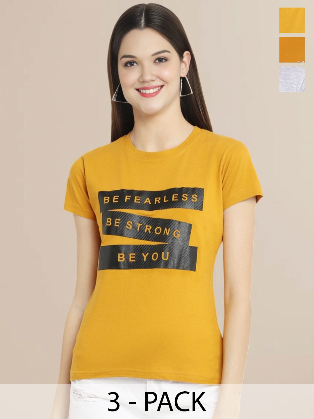 

Metronaut Women Pack Of 3 Typography Printed Round Neck Cotton T-shirts, Grey