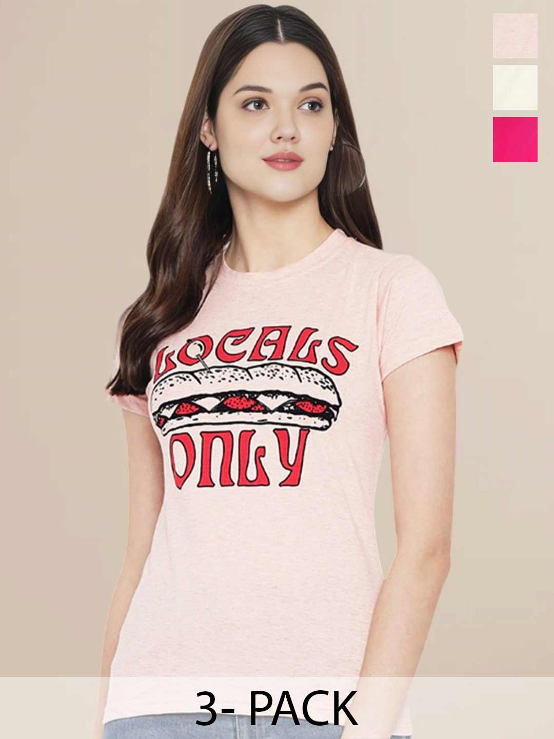 

Metronaut Women Pack Of 3 Typography Printed Round Neck Cotton T-shirts, Pink