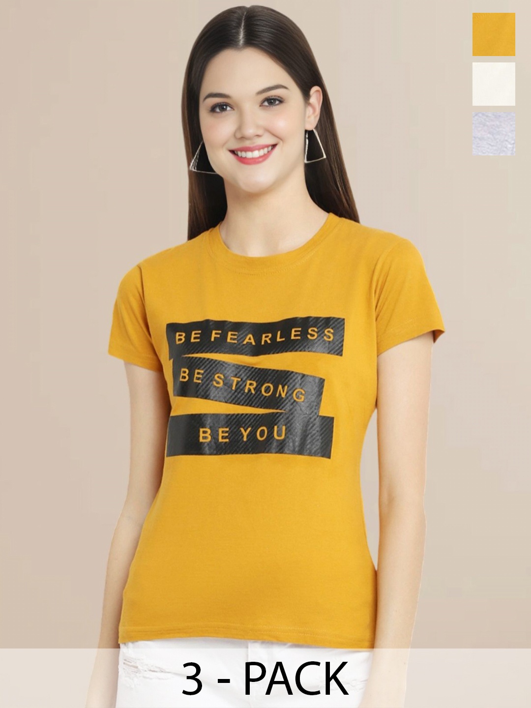 

Metronaut Women Pack Of 3 Typography Printed Round Neck Cotton T-shirts, Grey