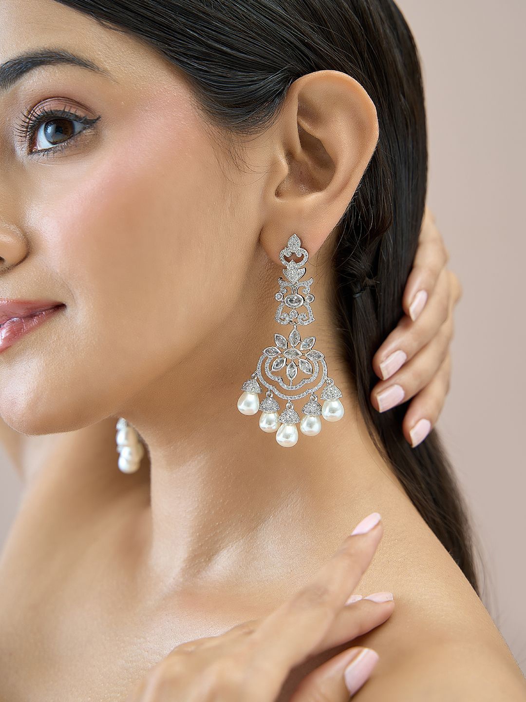 

Fida Premium 14k Rhodium-Plated AAA American Diamond Pearls Drop Earrings, Silver