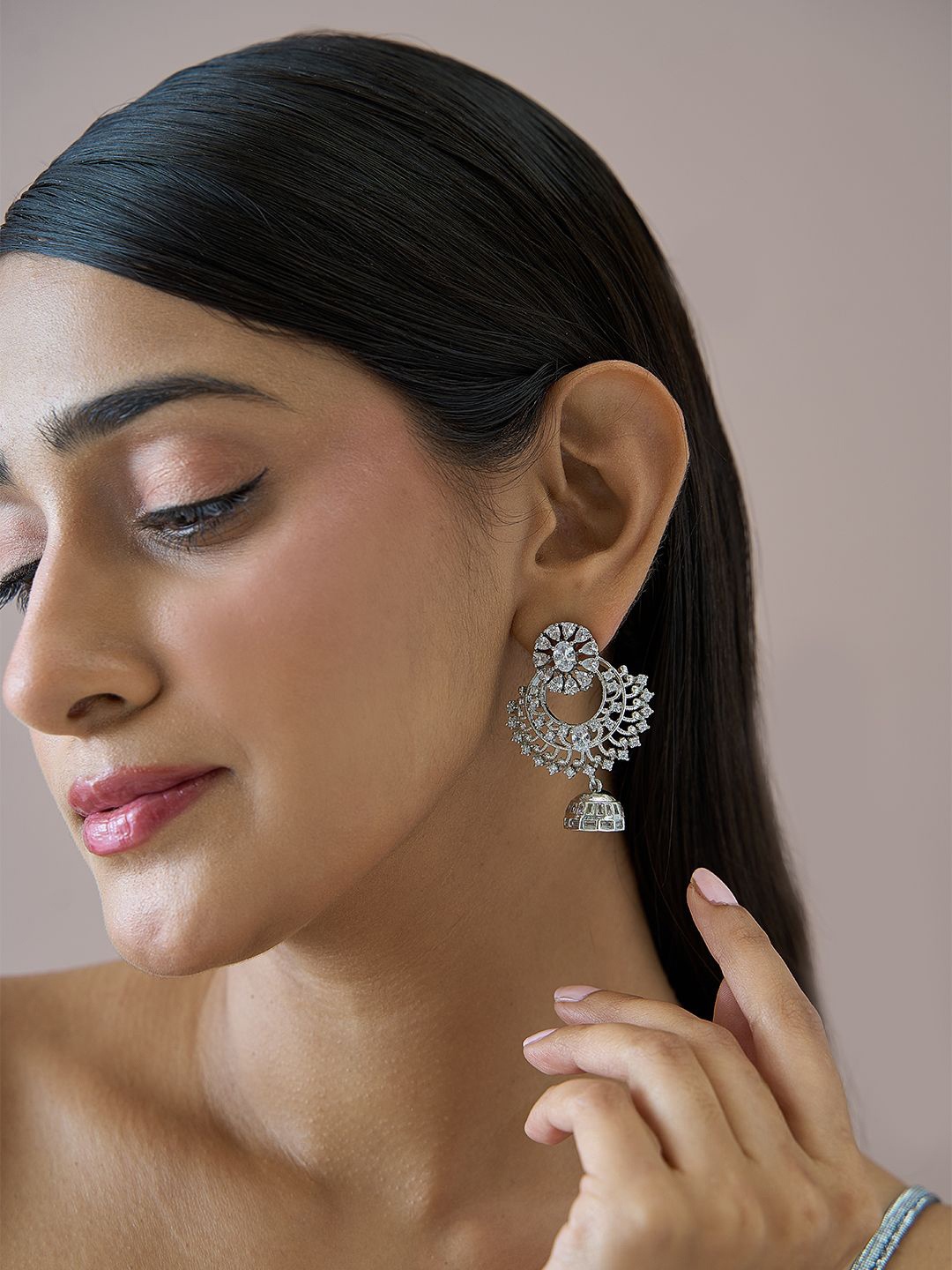 

Fida 14k Rhodium-Plated AAA American Diamond Studded Jhumkas, Silver