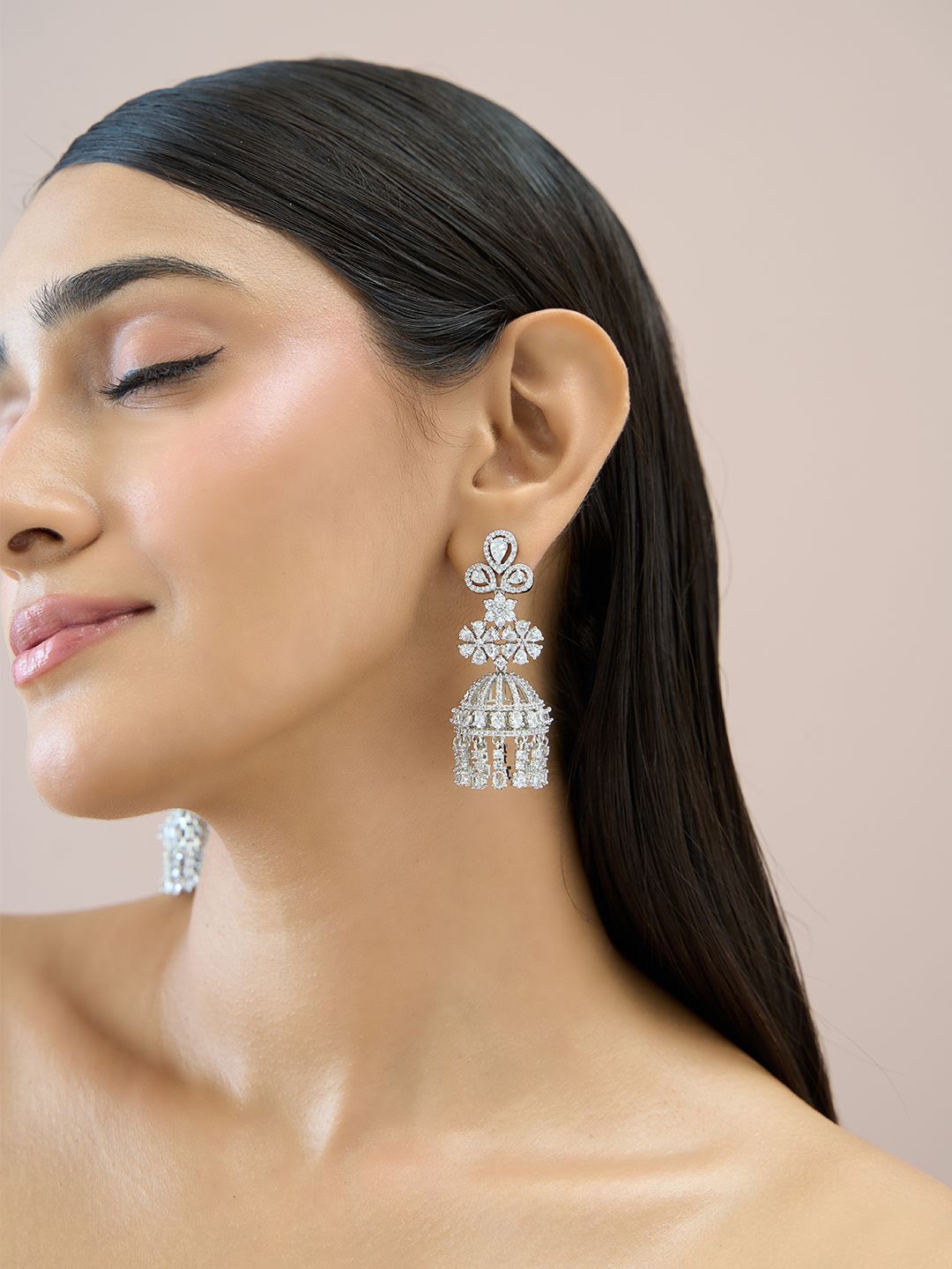 

Fida 14k Rhodium-Plated AAA American Diamond Jhumka, Silver