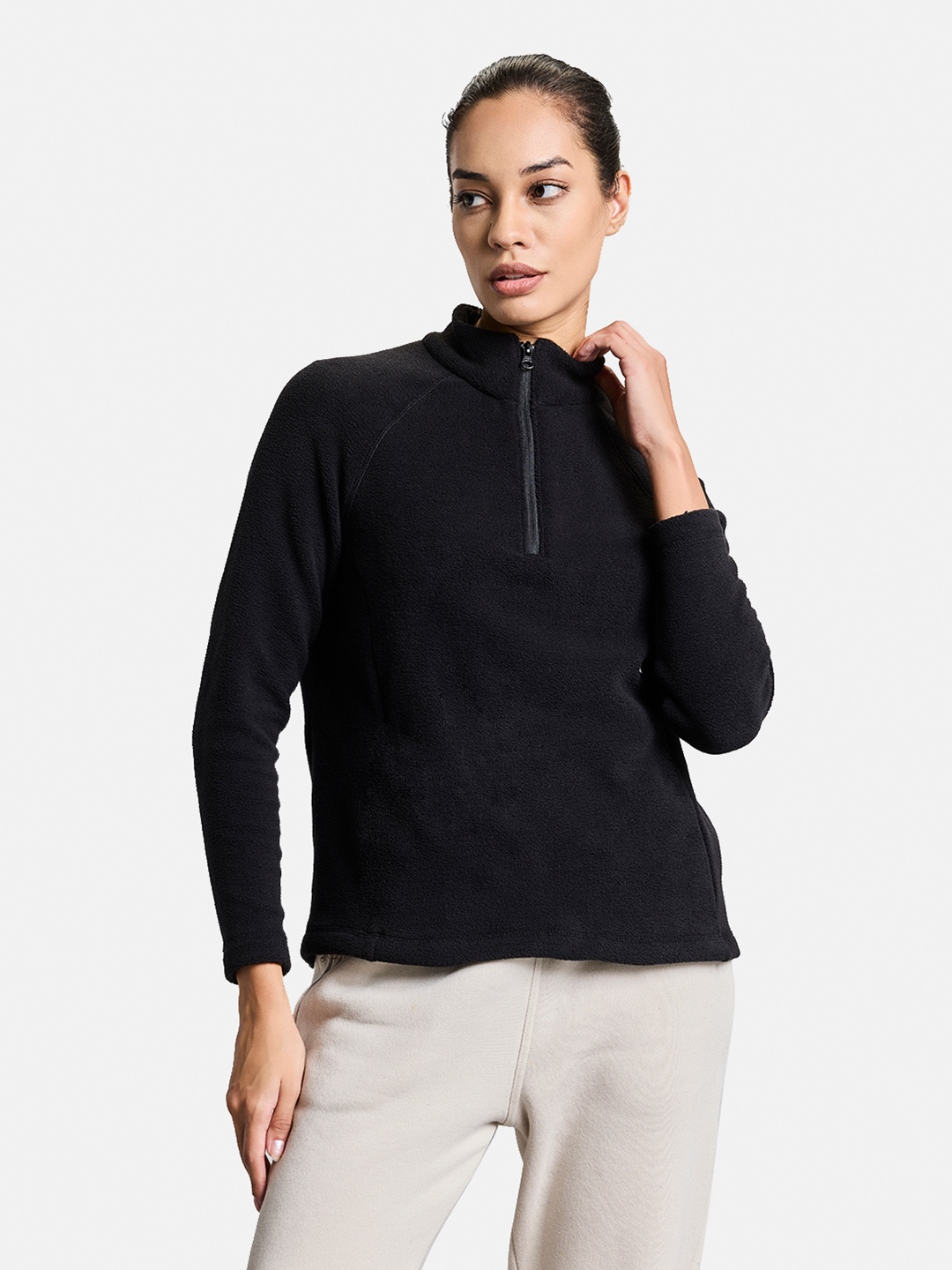 

BOLDFIT Women Half Zipper High Neck Fleece Sweatshirt, Black