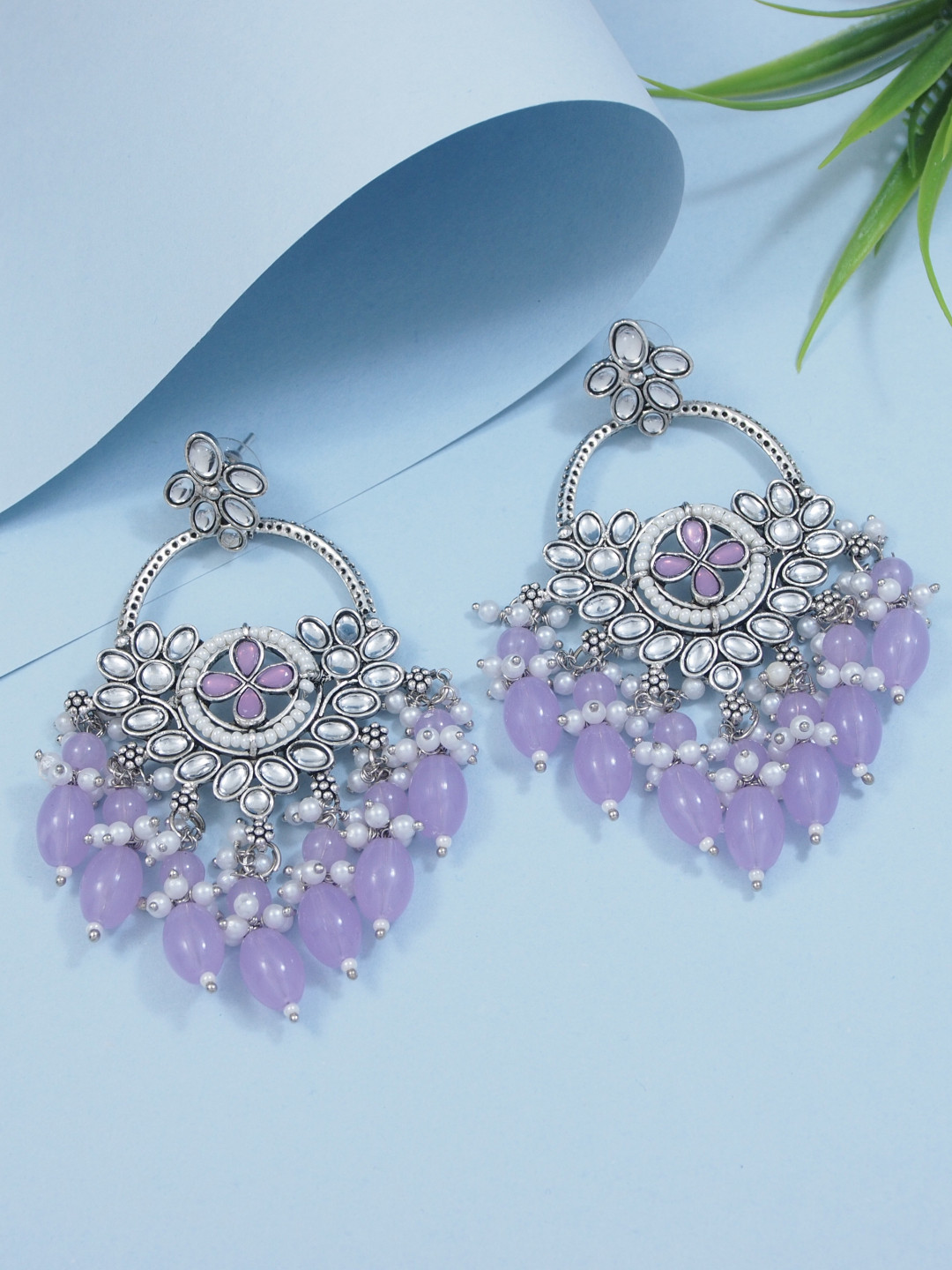 

I Jewels Silver-Plated Contemporary Oxidised Kundan Studded & Pearls Chandbalis