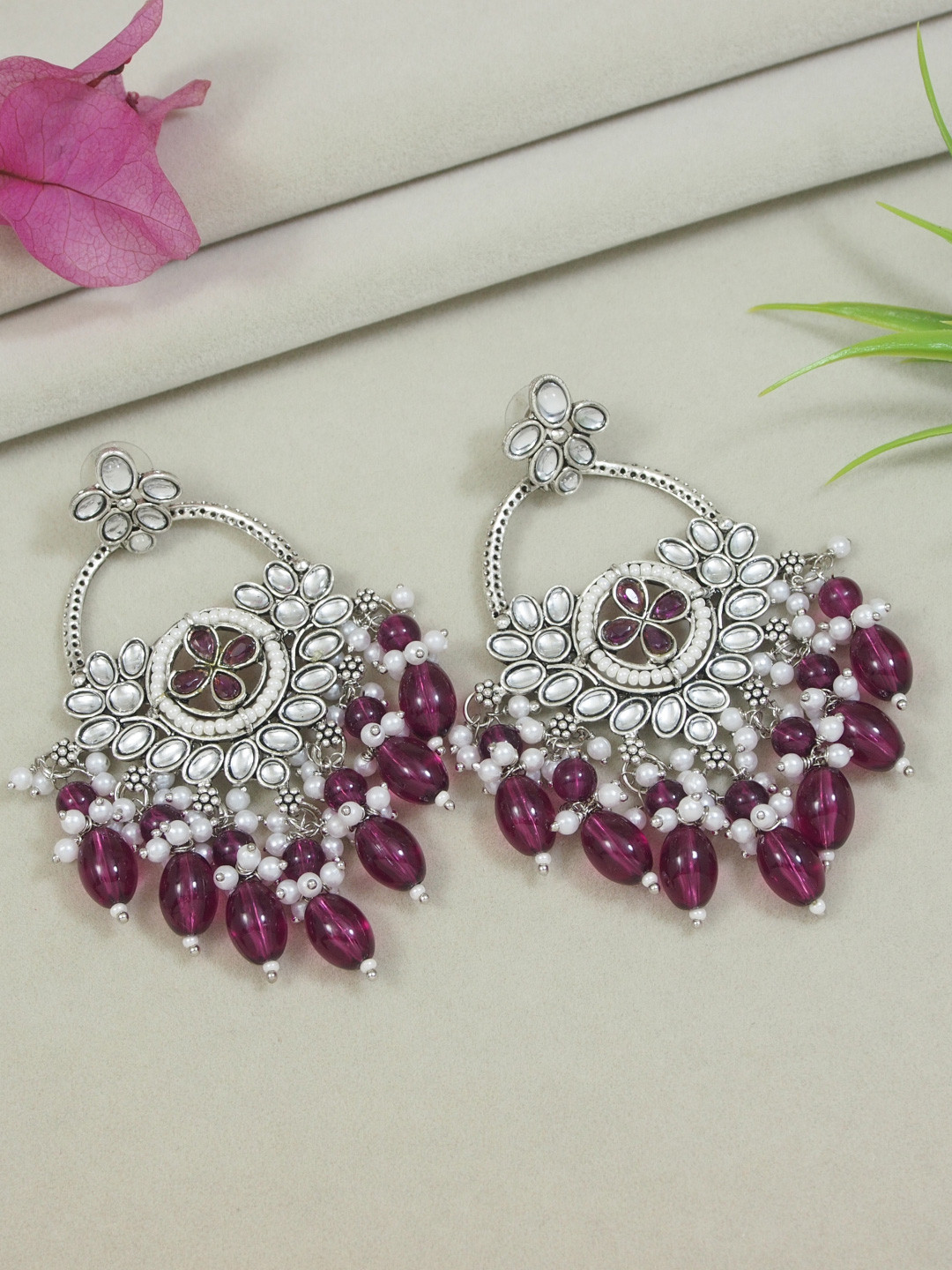 

I Jewels Silver-Plated Contemporary Oxidised Kundan Studded & Pearls Chandbalis
