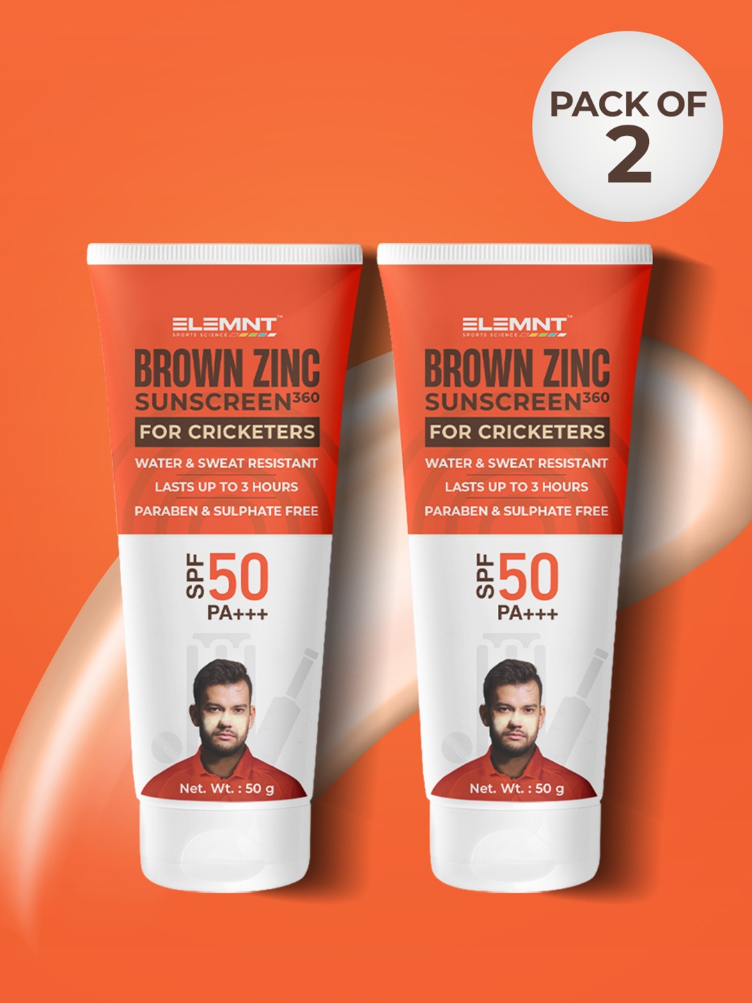 

Elemnt Sports Science Set of 2 Brown Zinc SPF50 PA+++ Sunscreen for Cricketers - 50 g each, Orange