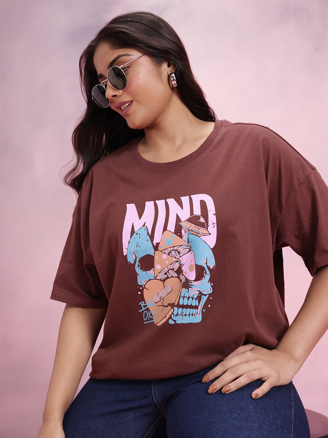 

DressBerry Curve Printed Drop-Shoulder Sleeves Pure Cotton T-shirt, Bronze