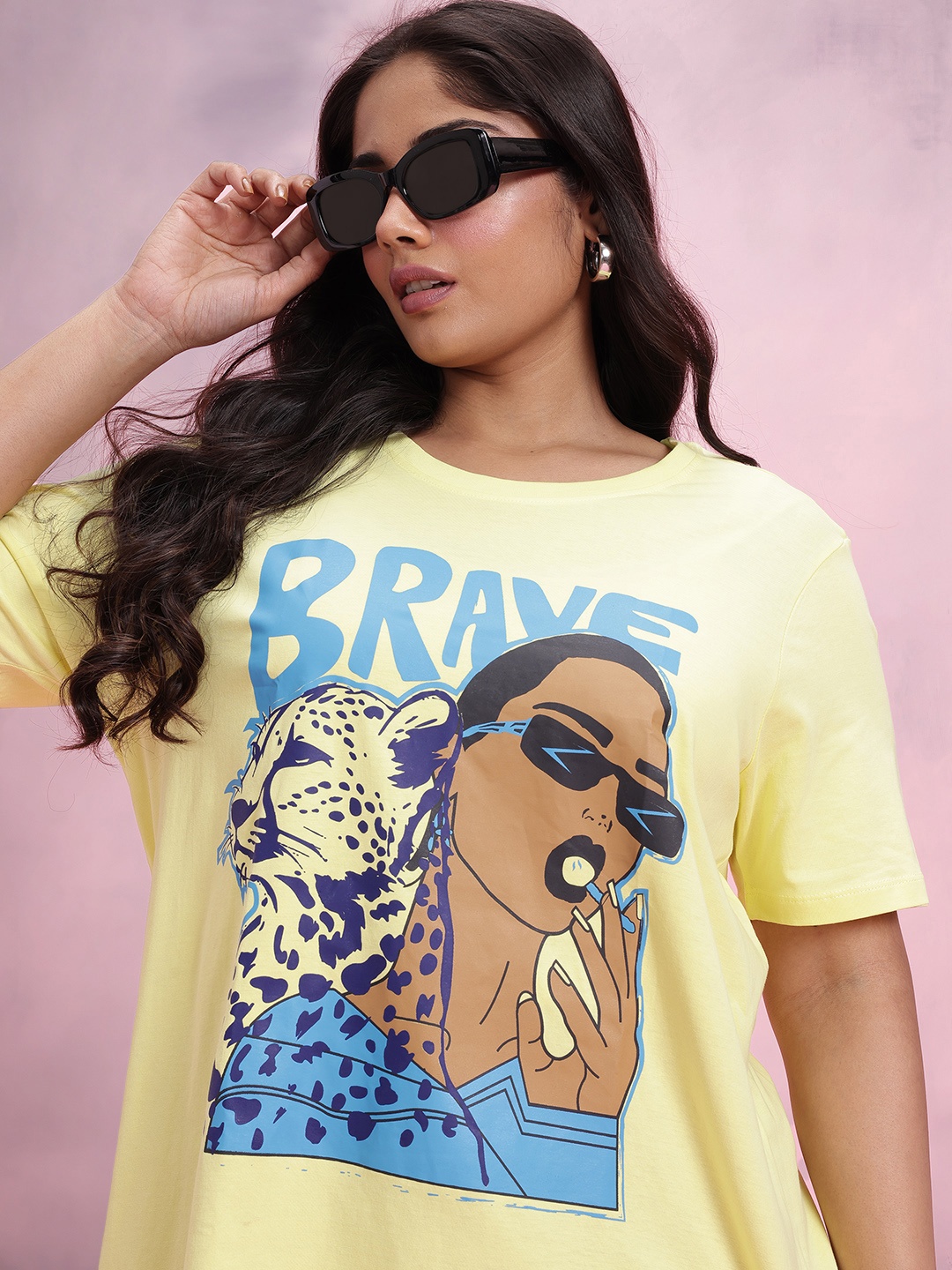 

DressBerry Curve Plus Size Graphic Print Pure Cotton T-shirt, Yellow