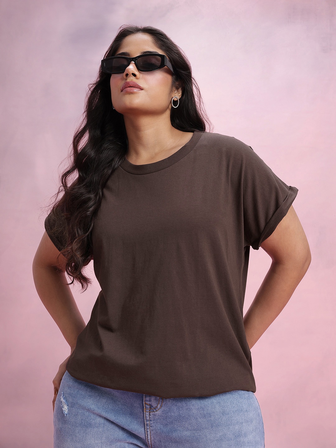 

DressBerry Curve Plus Size Pure Cotton Extended Sleeves T-shirt, Coffee brown