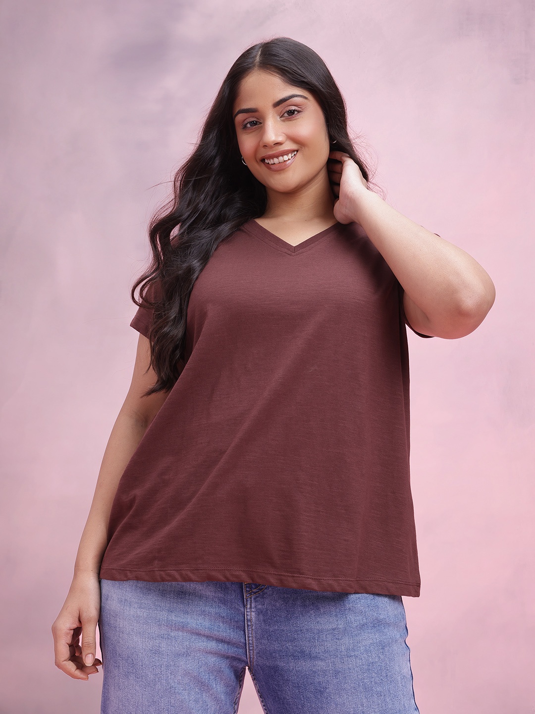 

DressBerry Curve Plus Size Pure Cotton V-Neck T-shirt, Coffee brown