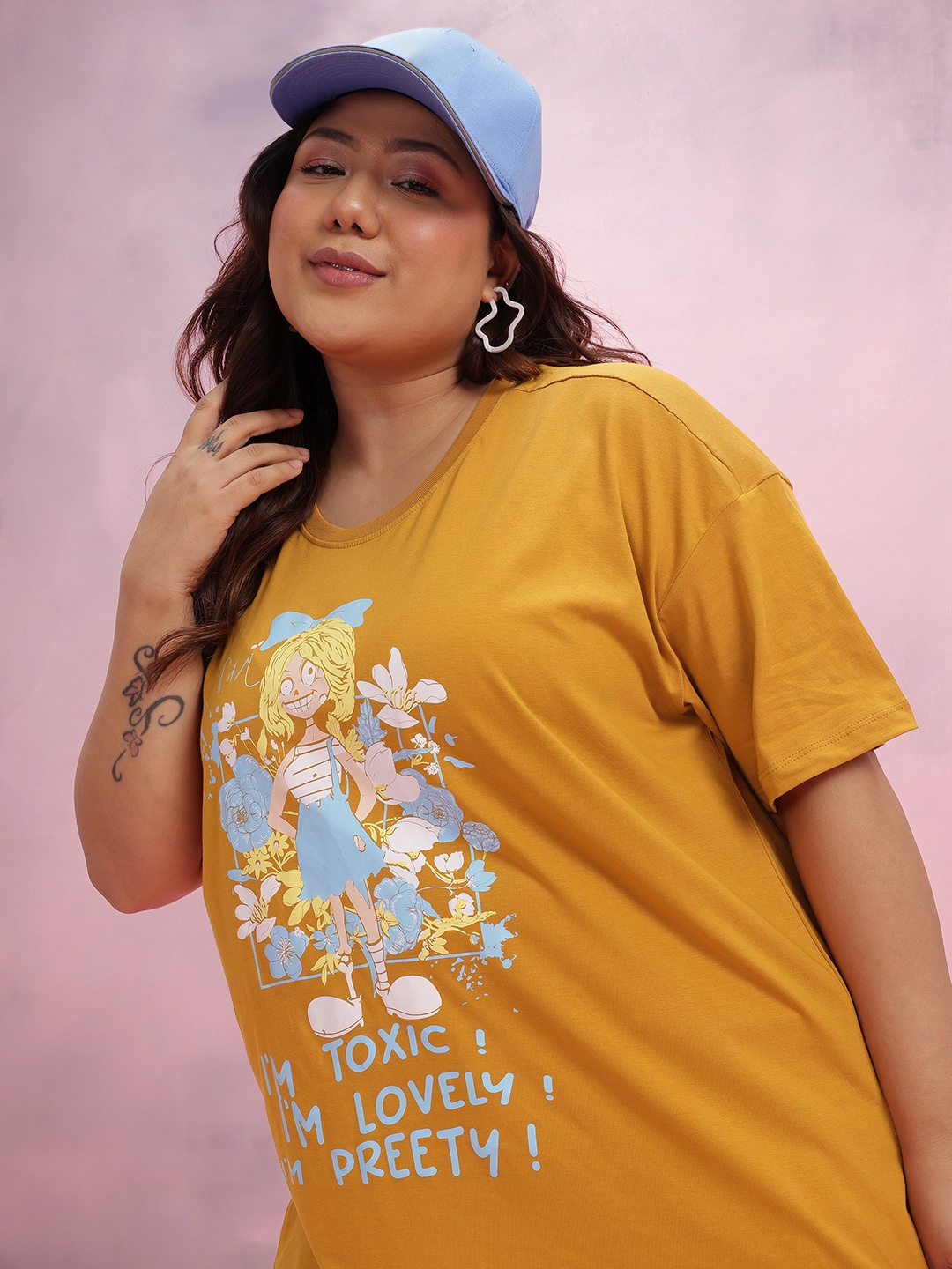 

DressBerry Curve Plus Size Graphic Print Pure Cotton Drop-Shoulder Sleeves T-shirt, Yellow