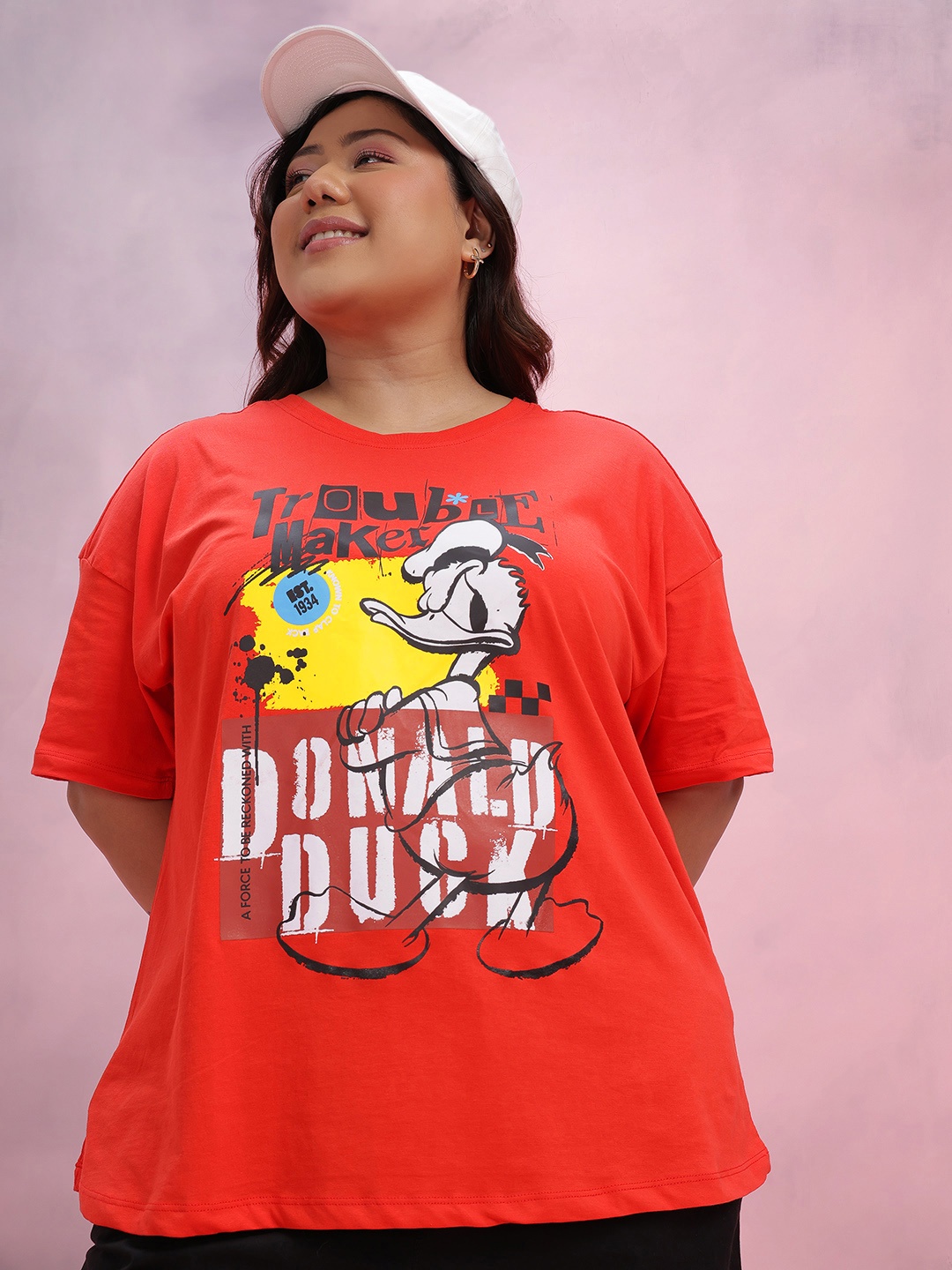 

DressBerry Curve Plus Size Donald Duck Print Pure Cotton T-shirt, Red