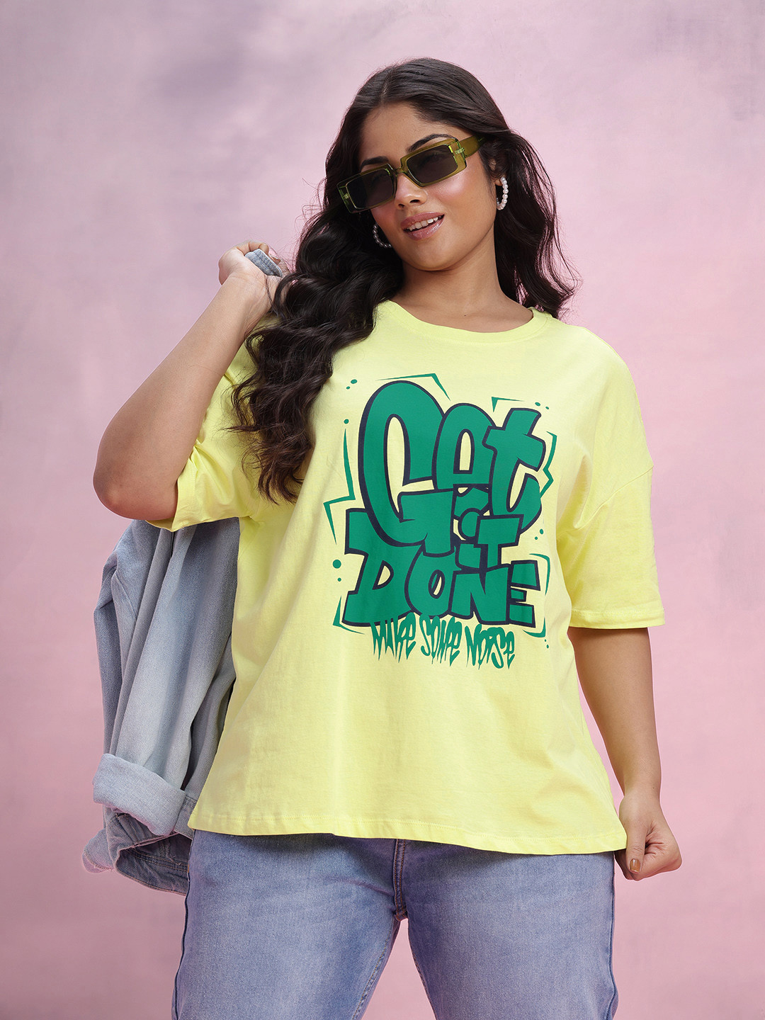 

DressBerry Curve Plus Size Pure Cotton Typography T-shirt, Yellow