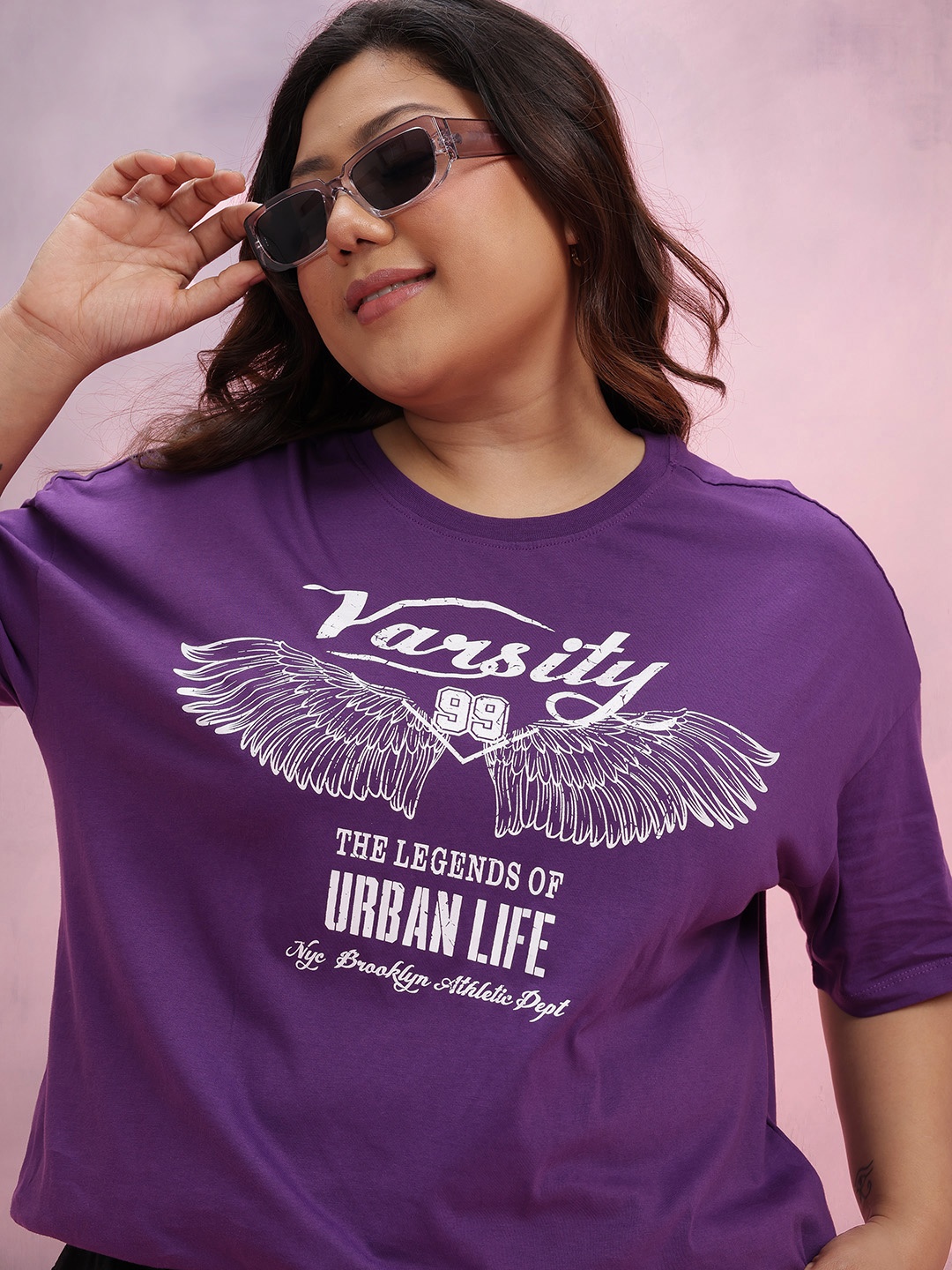 

DressBerry Curve Plus Size Typography Print Drop-Shoulder Sleeves Pure Cotton T-shirt, Purple