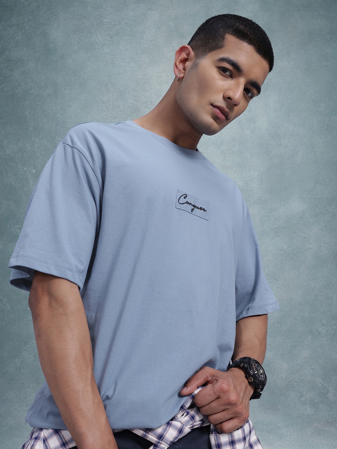 

The Roadster Life Co. Drop-Shoulder Sleeves Pure Cotton Relaxed Fit T-shirt, Blue