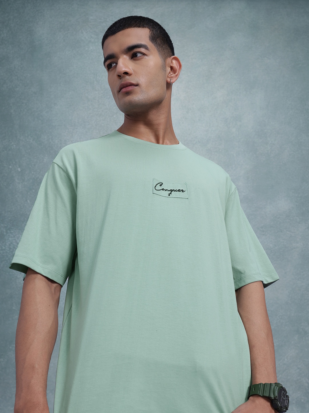 

The Roadster Life Co. Drop-Shoulder Sleeves Pure Cotton Relaxed Fit T-shirt, Green