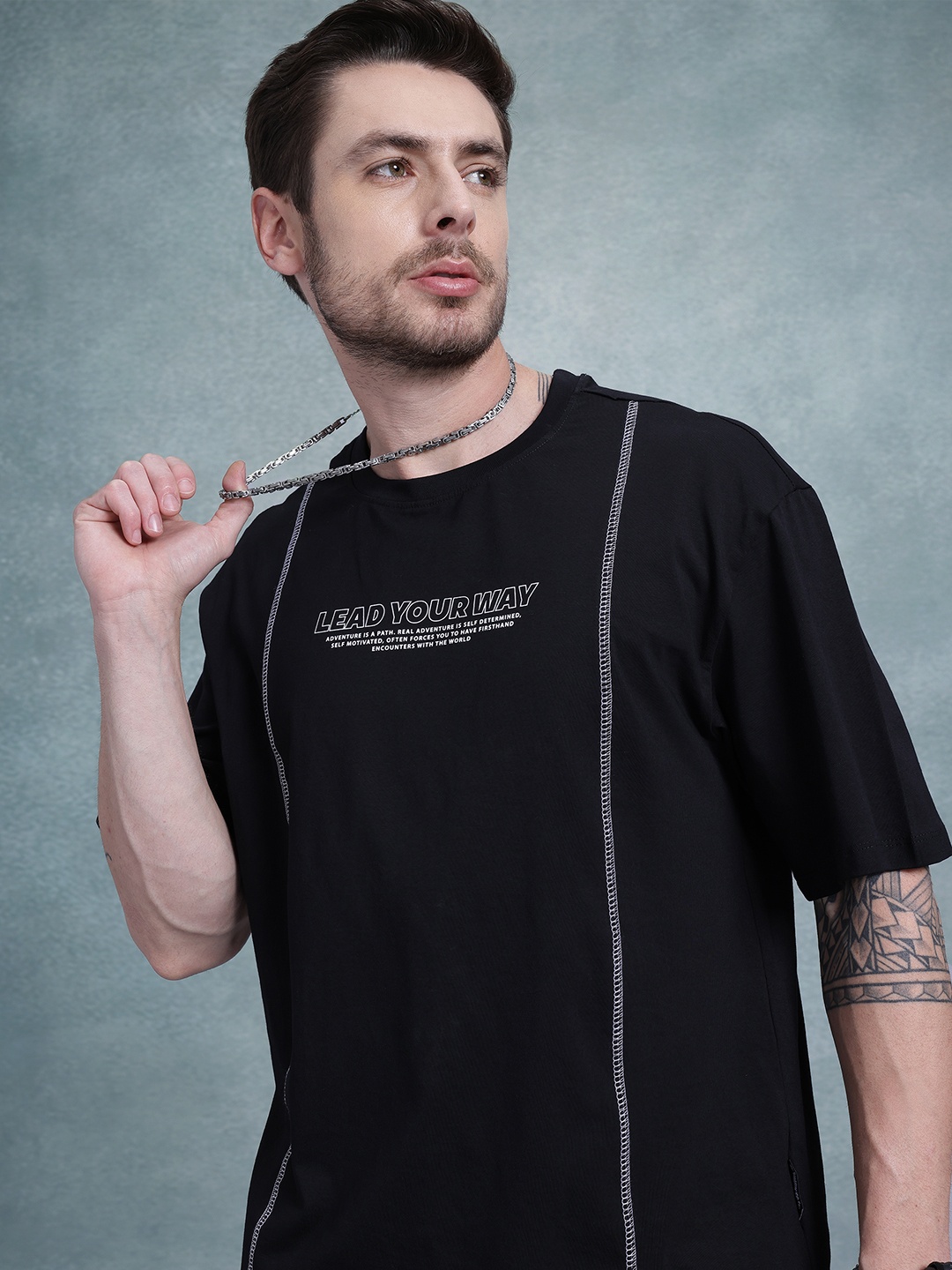 

The Roadster Life Co. Printed Contrast Stitch Pure Cotton Oversize T-shirt, Black