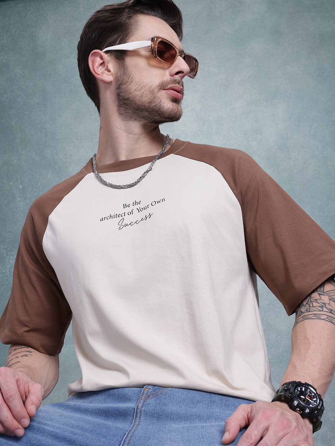 The Roadster Life Co. Contrast Sleeve Relaxed T-shirt, Beige