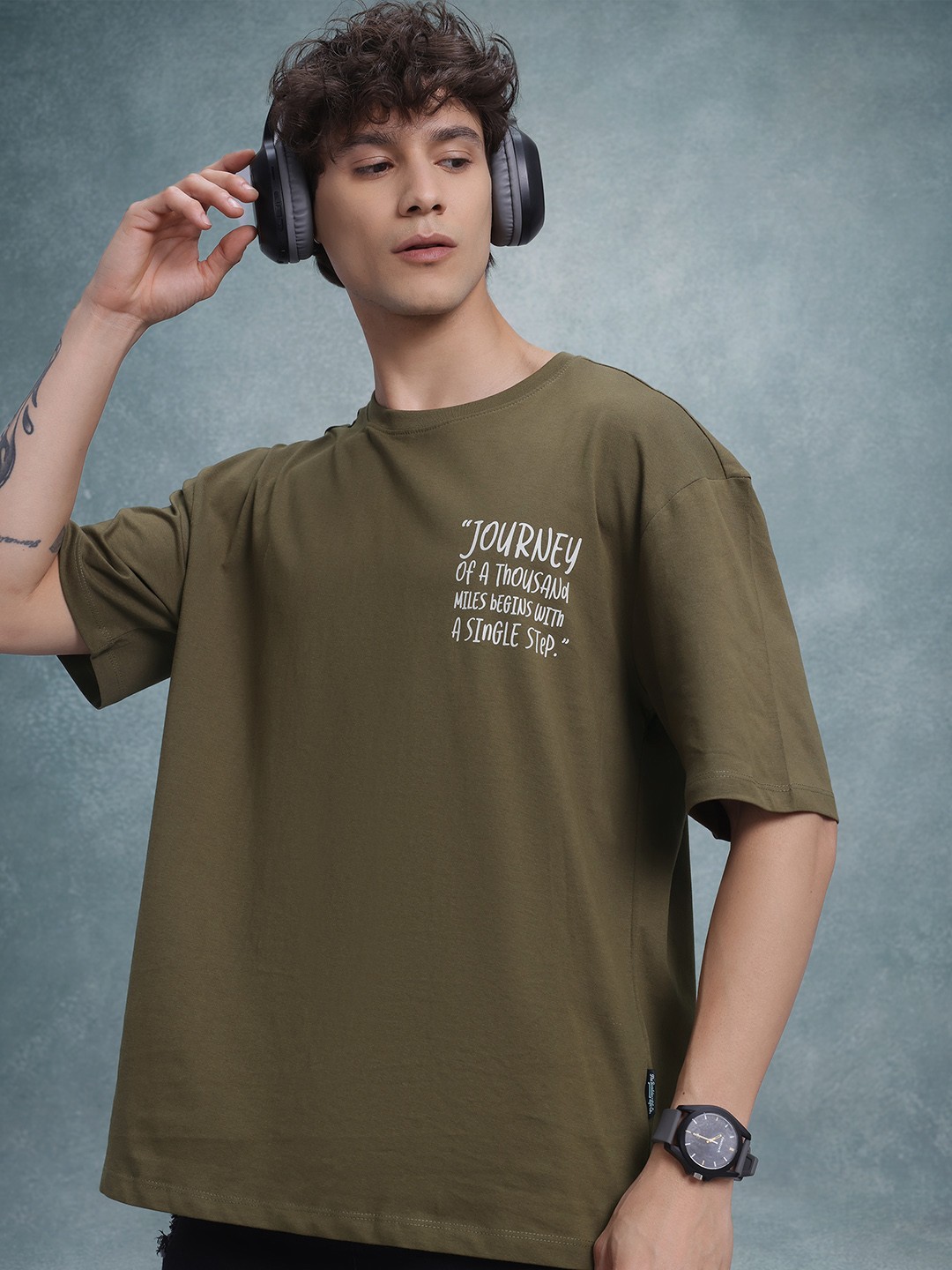 

The Roadster Life Co. Printed Pure Cotton Oversized T-shirt, Olive