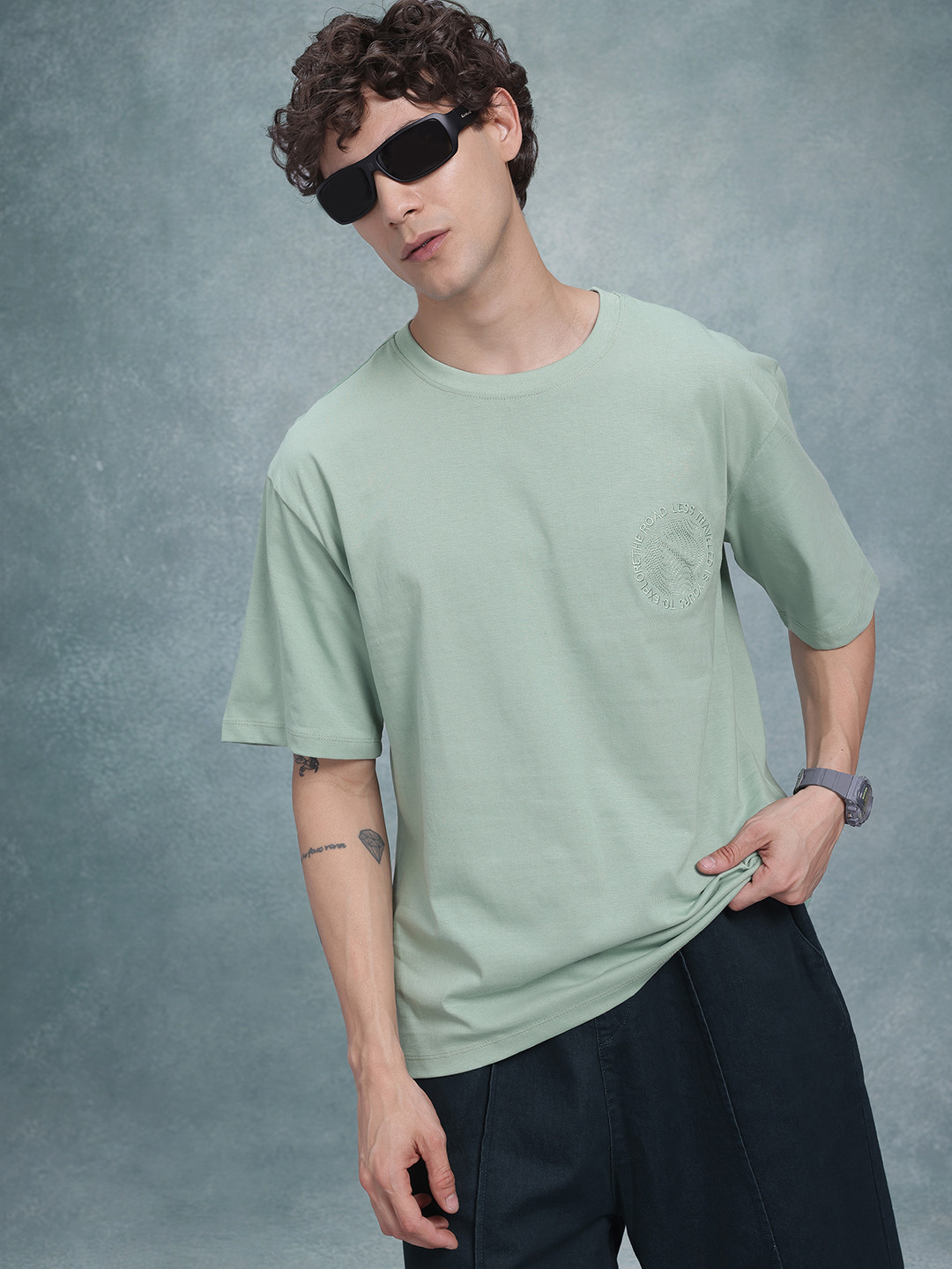 

The Roadster Life Co. Drop-Shoulder Sleeves Embroidered Detail Pure Cotton T-shirt, Green