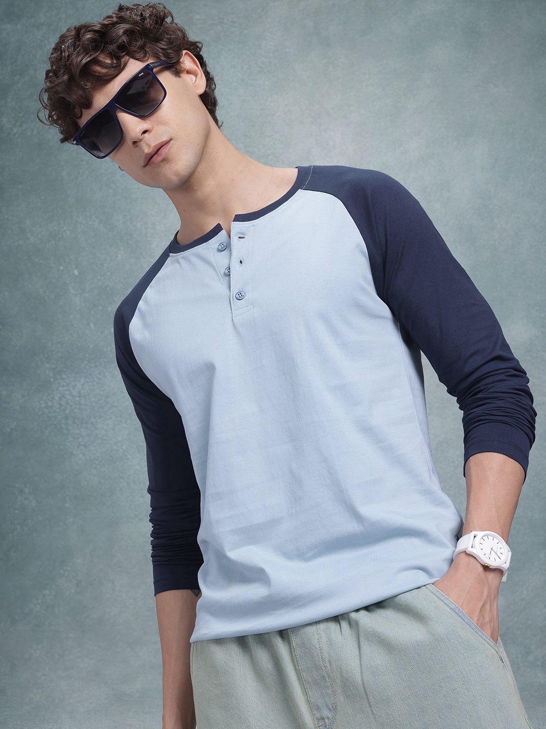 

The Roadster Life Co. Men Henley Neck Pure Cotton T-shirt, Blue