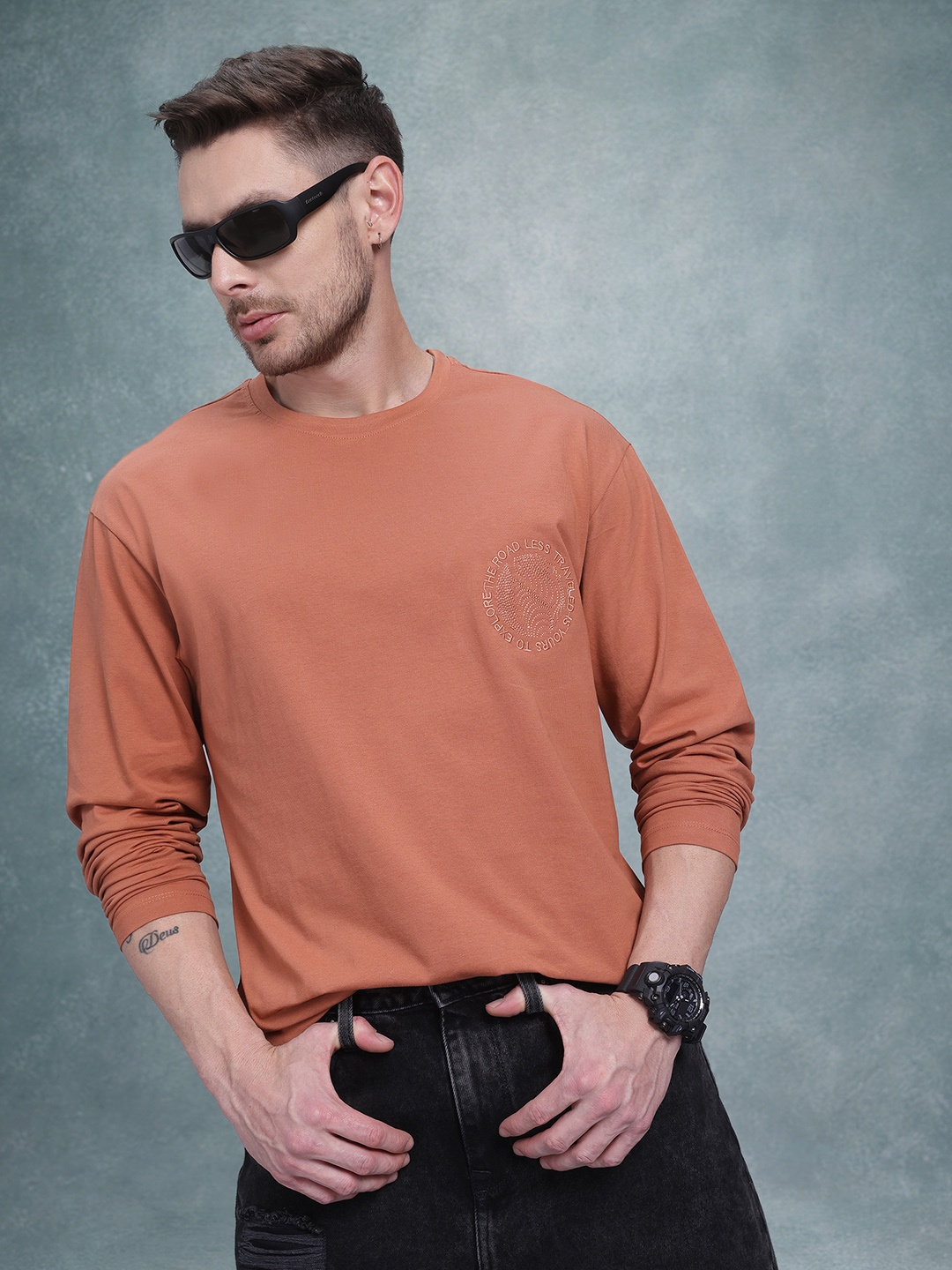 

The Roadster Life Co. Relaxed Fit Pure Cotton Drop-Shoulder Sleeves T-shirt, Rust