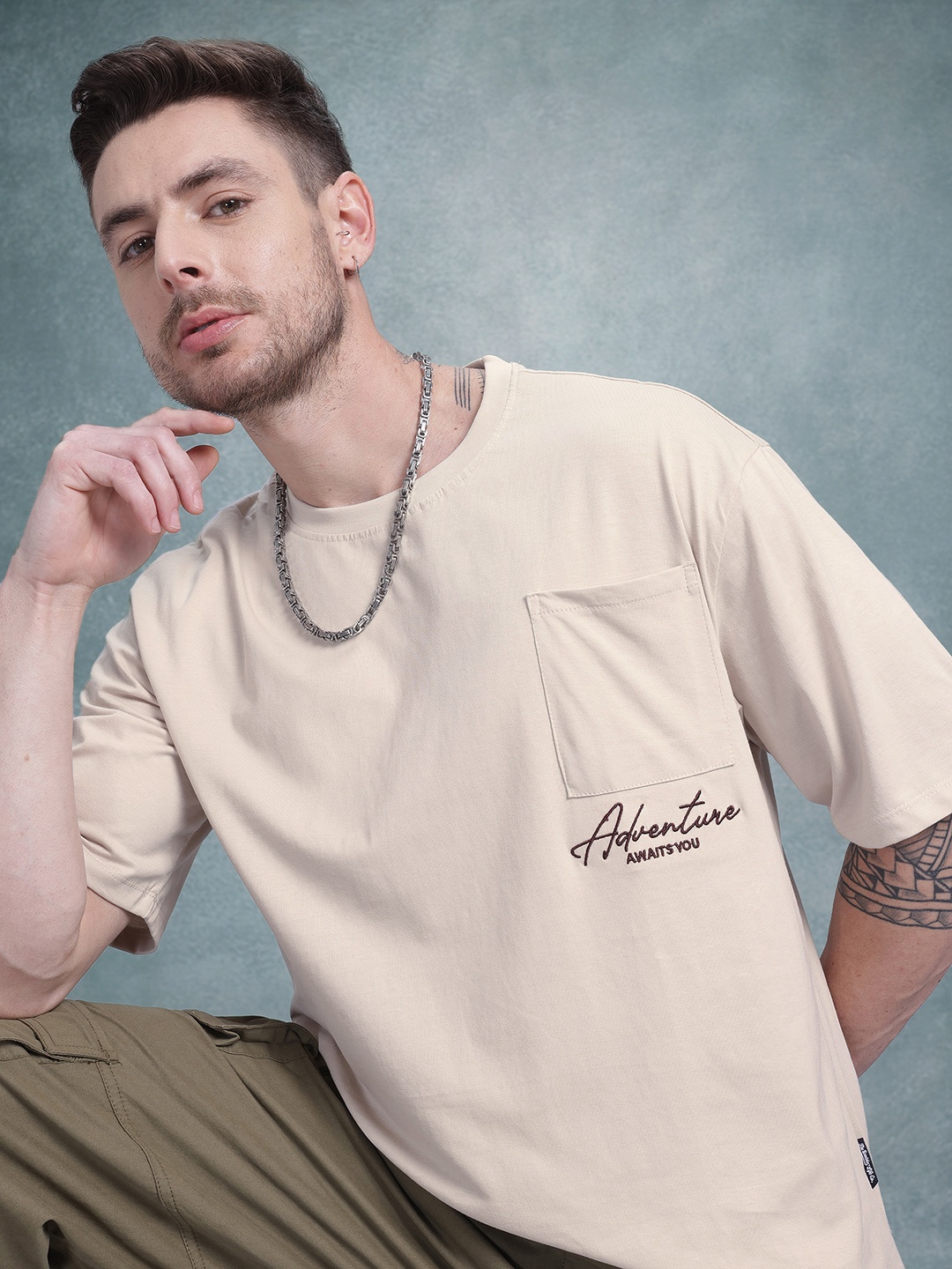

The Roadster Life Co. Men Pure Cotton Relaxed Fit T-shirt, Beige