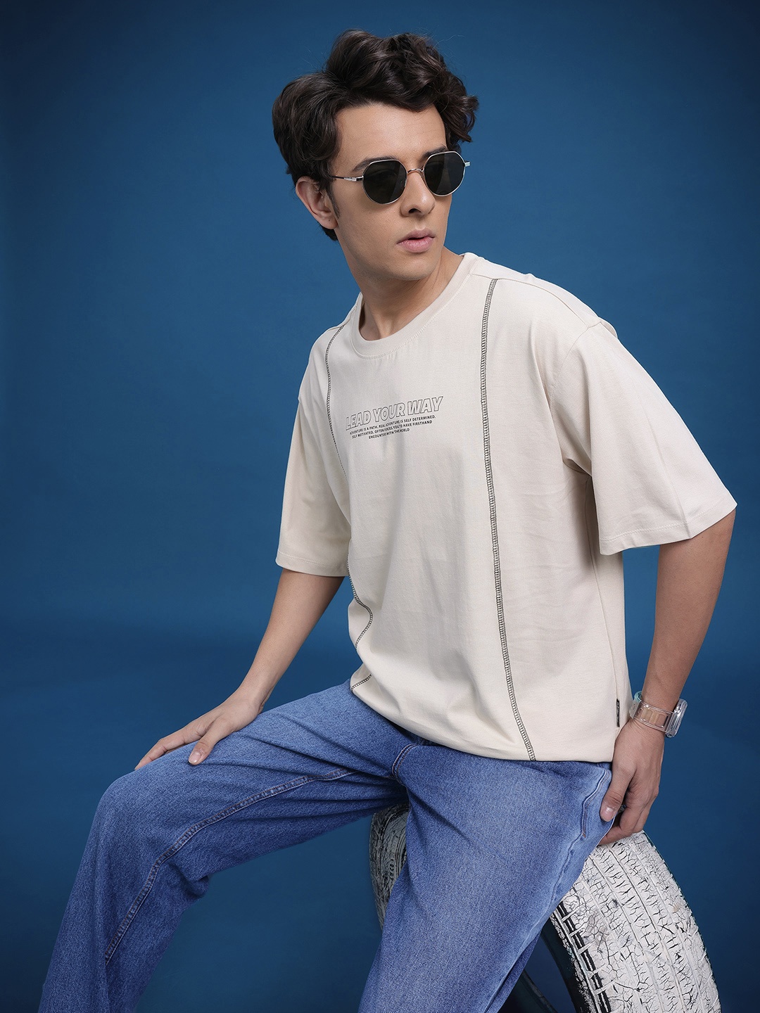 

The Roadster Life Co. Printed Up-Front Stitch Oversized Cotton T-shirt, Beige