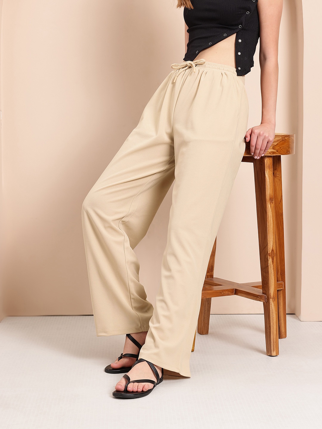 

Mast & Harbour Women Mid-Rise Relaxed Fit Trousers, Beige